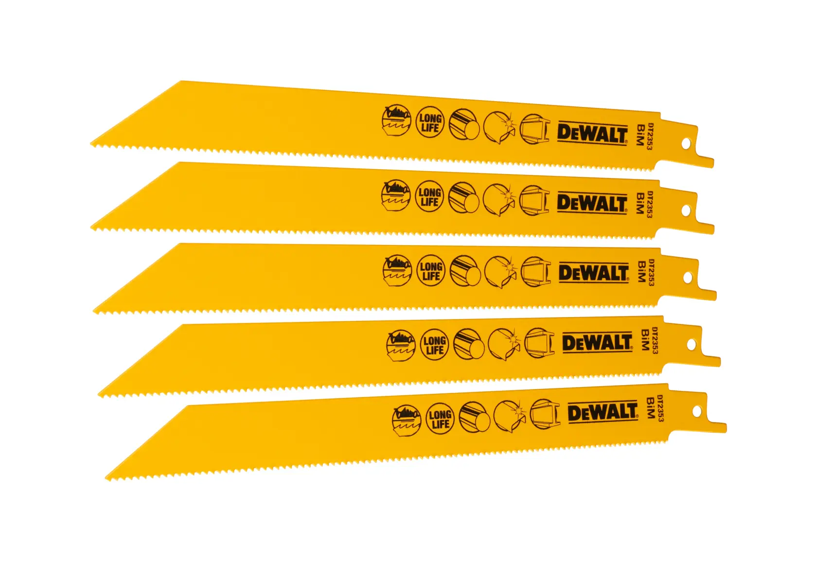Cinque lame gialle per seghetto alternativo DEWALT DT2353 disposte a ventaglio su sfondo bianco. Le lame hanno denti fini e sono etichettate con icone e testo che indicano lunga durata e compatibilità dei materiali.