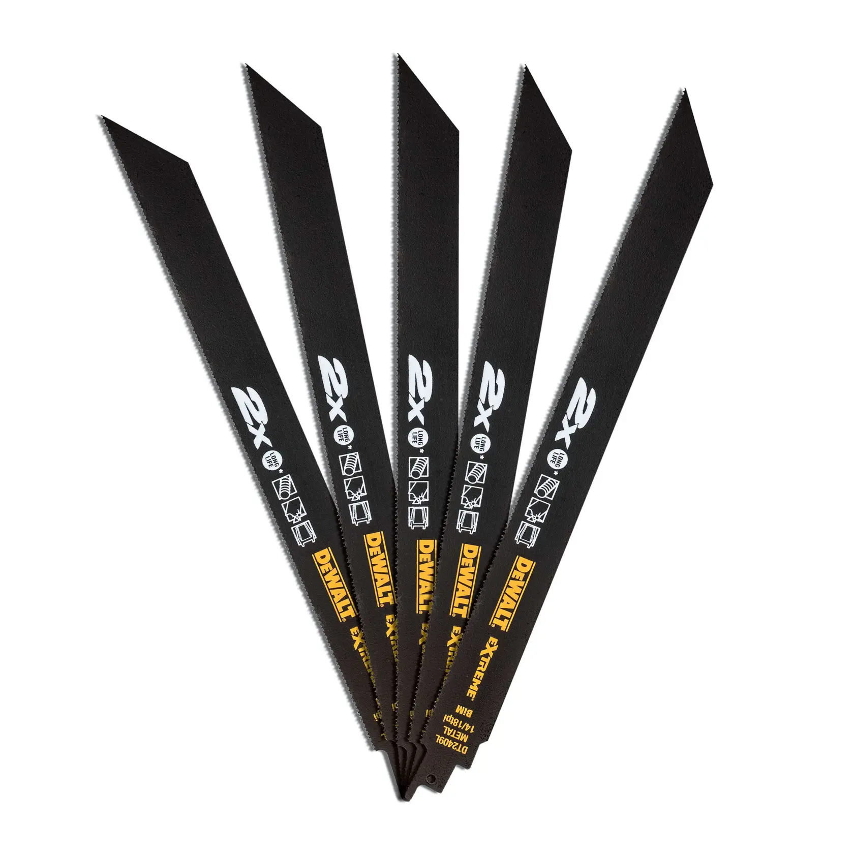 Cinque lame nere DEWALT DT2409L per seghetto alternativo, disposte a ventaglio per vari materiali.