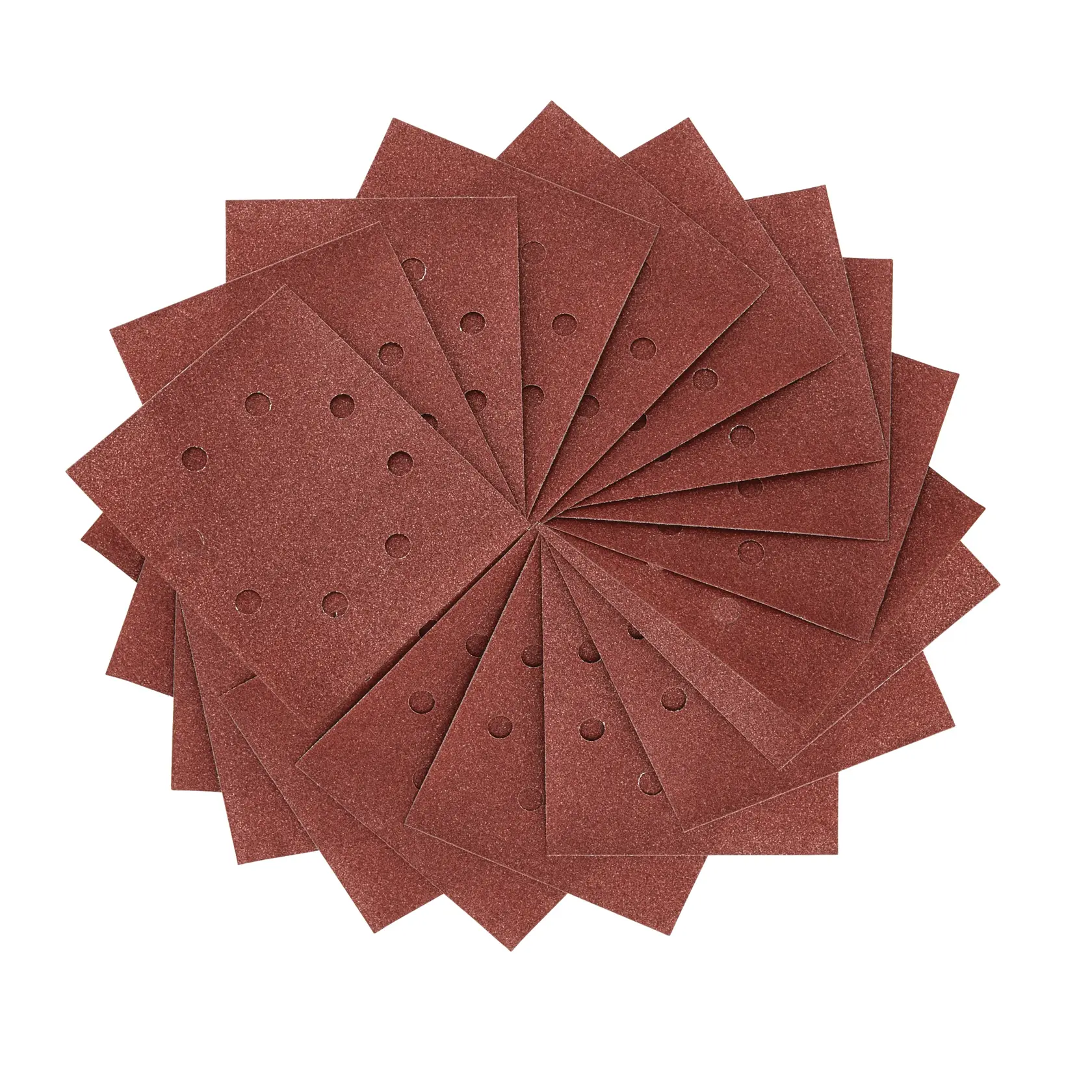 Set di fogli di carta vetrata rettangolari marroni, ciascuno con sei fori, disposti a ventaglio in cerchio su uno sfondo bianco.