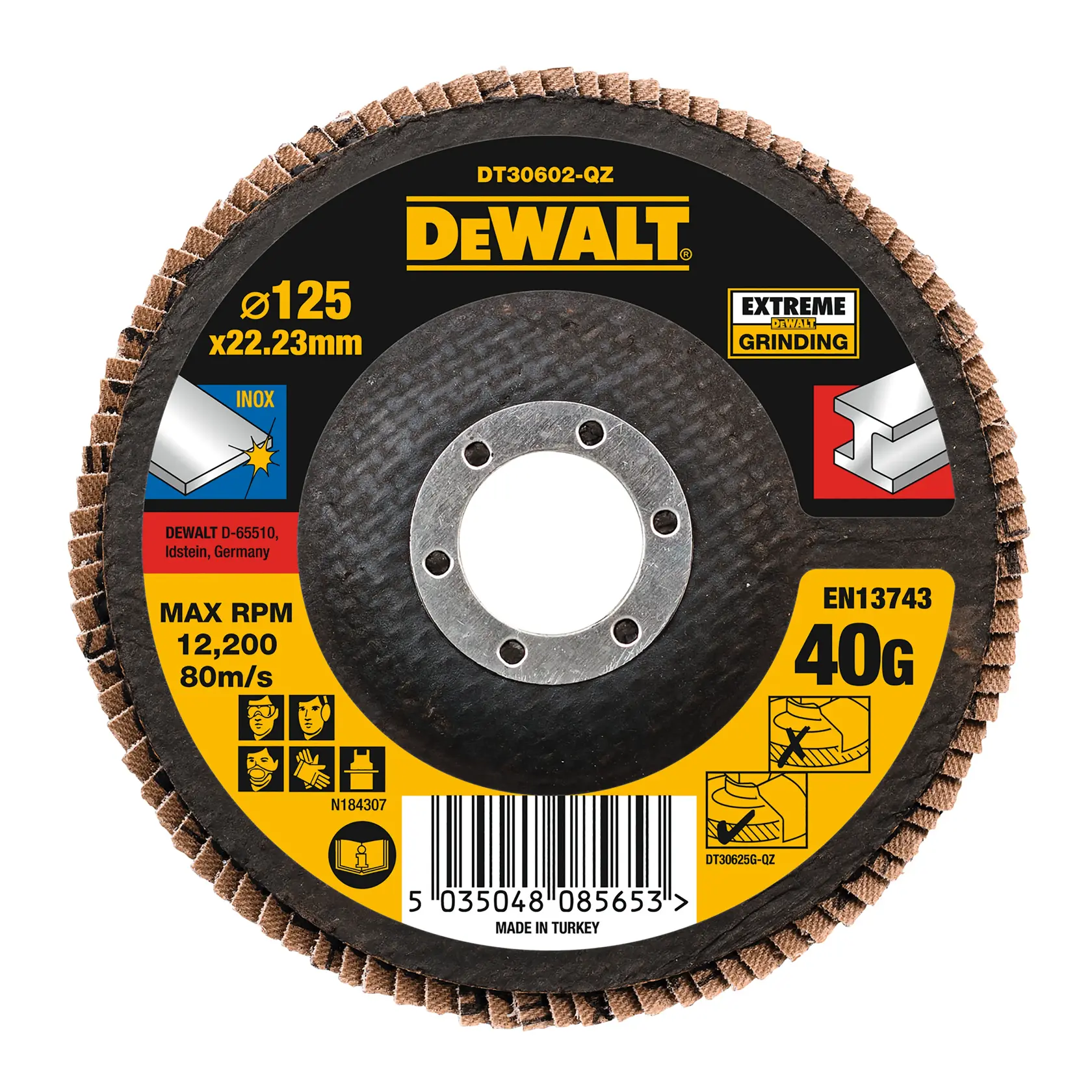 Disco abrasivo a lamelle marchiato DEWALT, modello DT30602-QZ, diametro 125 mm e foro 22,23 mm, indicato per molatura estrema e acciaio inox (INOX). Include istruzioni di sicurezza e utilizzo, grana 40, velocità massima di 12.200 RPM e 80 m/s, codice a barre, prodotto in Turchia.