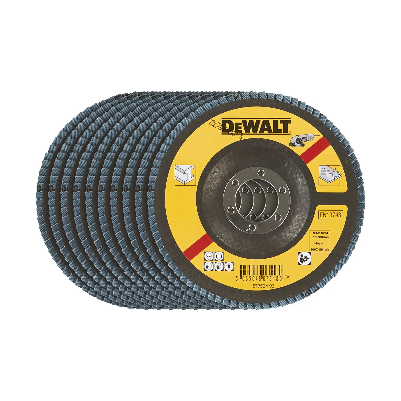 Un set di dischi abrasivi lamellari DEWALT con etichetta gialla e nera, utilizzati per la smerigliatura e la finitura delle superfici. I dischi sono impilati e mostrano le informazioni del prodotto e il codice a barre sul disco anteriore.
