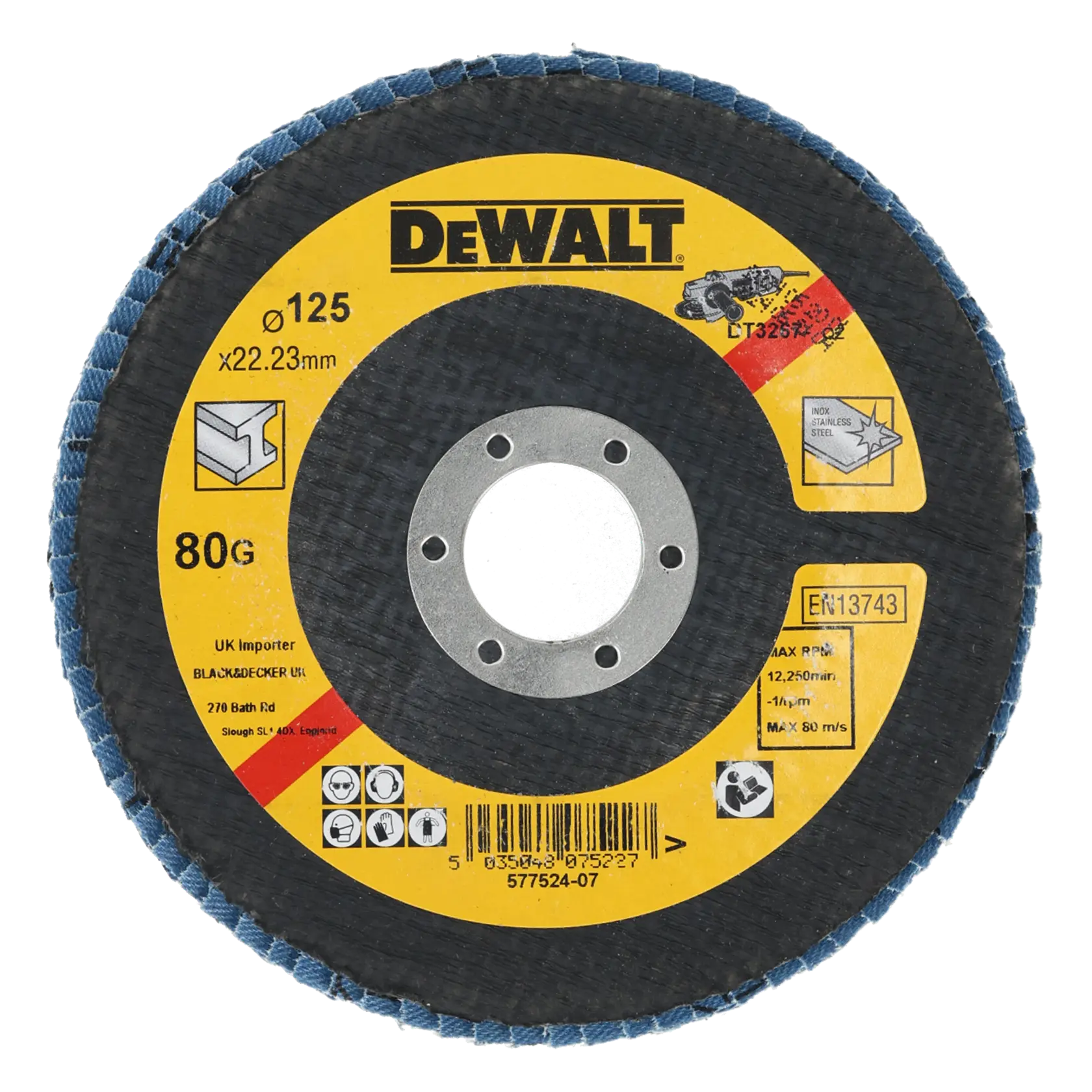 Un disco abrasivo a lamelle DEWALT, modello DT3267, con diametro di 125 mm e foro centrale di 22,23 mm, grana 80. Il disco è progettato per l'uso con smerigliatrici angolari ed è adatto per lavorare su acciaio inox e superfici metalliche.
