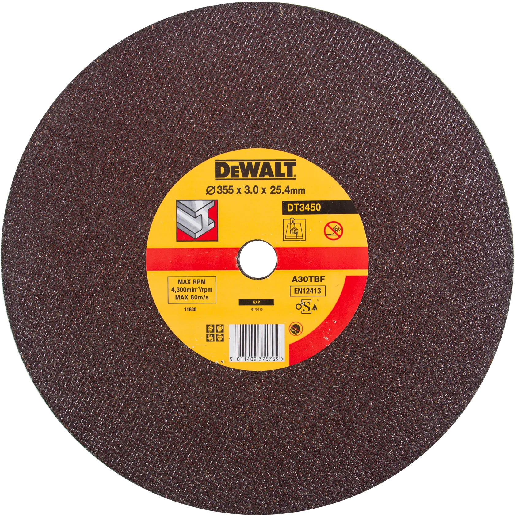 Un disco da taglio DEWALT DT3450 con diametro di 355 mm, spessore di 3,0 mm e foro centrale di 25,4 mm. Il disco è progettato per il taglio dei metalli e ha una superficie abrasiva marrone con etichetta gialla e rossa al centro che mostra dettagli sul prodotto e icone di utilizzo.