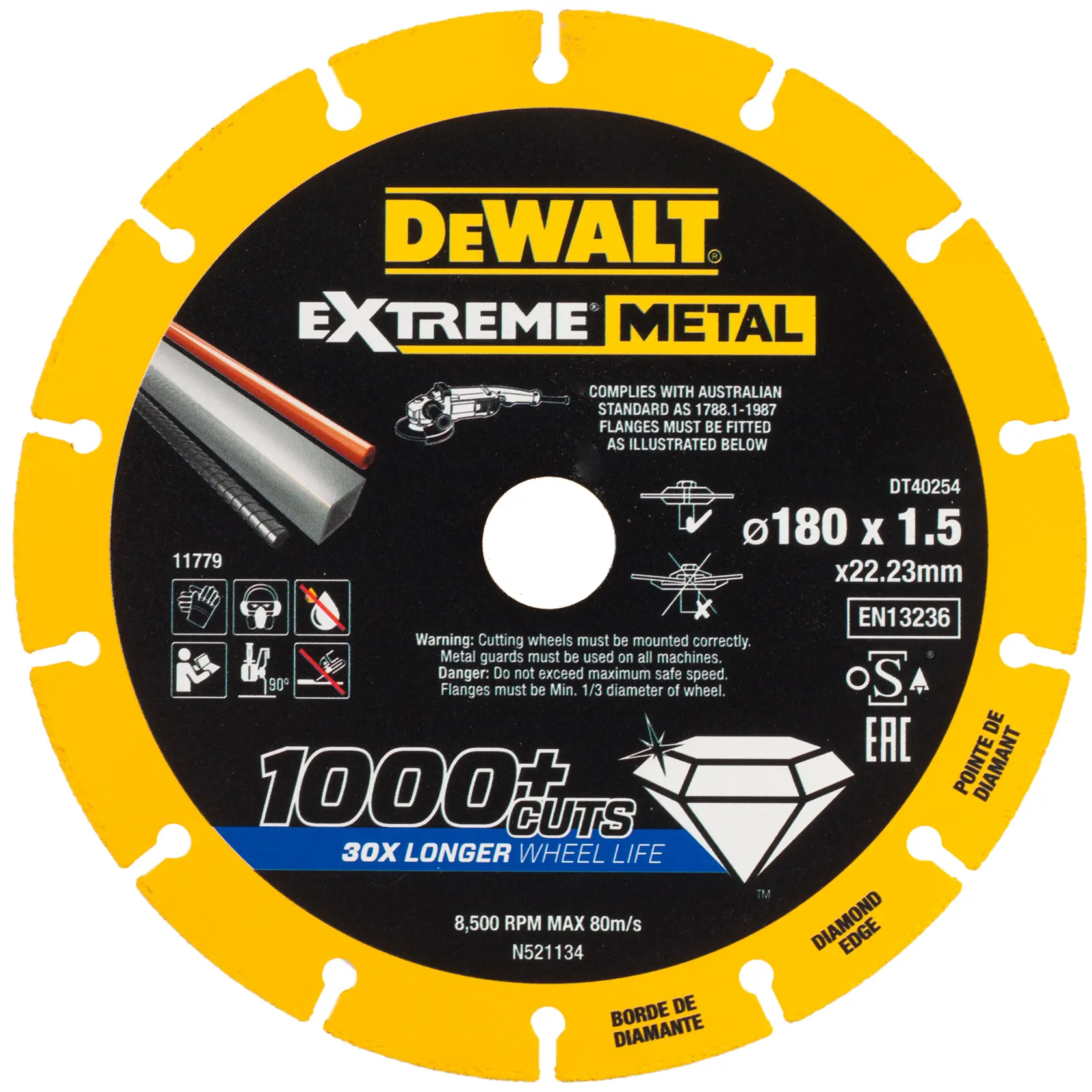 Disco da taglio DEWALT DT40254, bordo diamantato, 180mm, oltre 1000 tagli, icone di sicurezza.