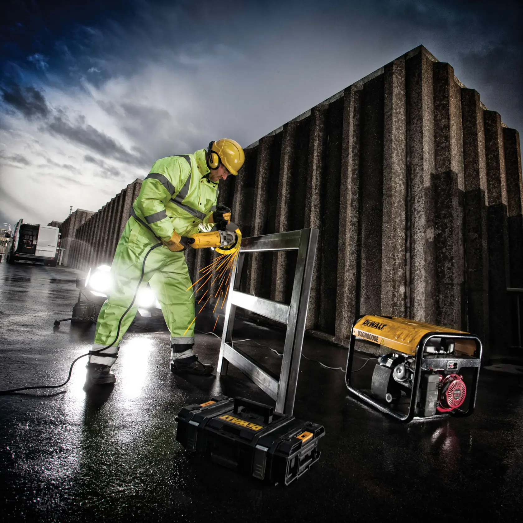 Graphique montrant la marque DEWALT XTREME Sub-Compact Series avec le slogan 'Compact et performance garantie' sur un fond jaune.