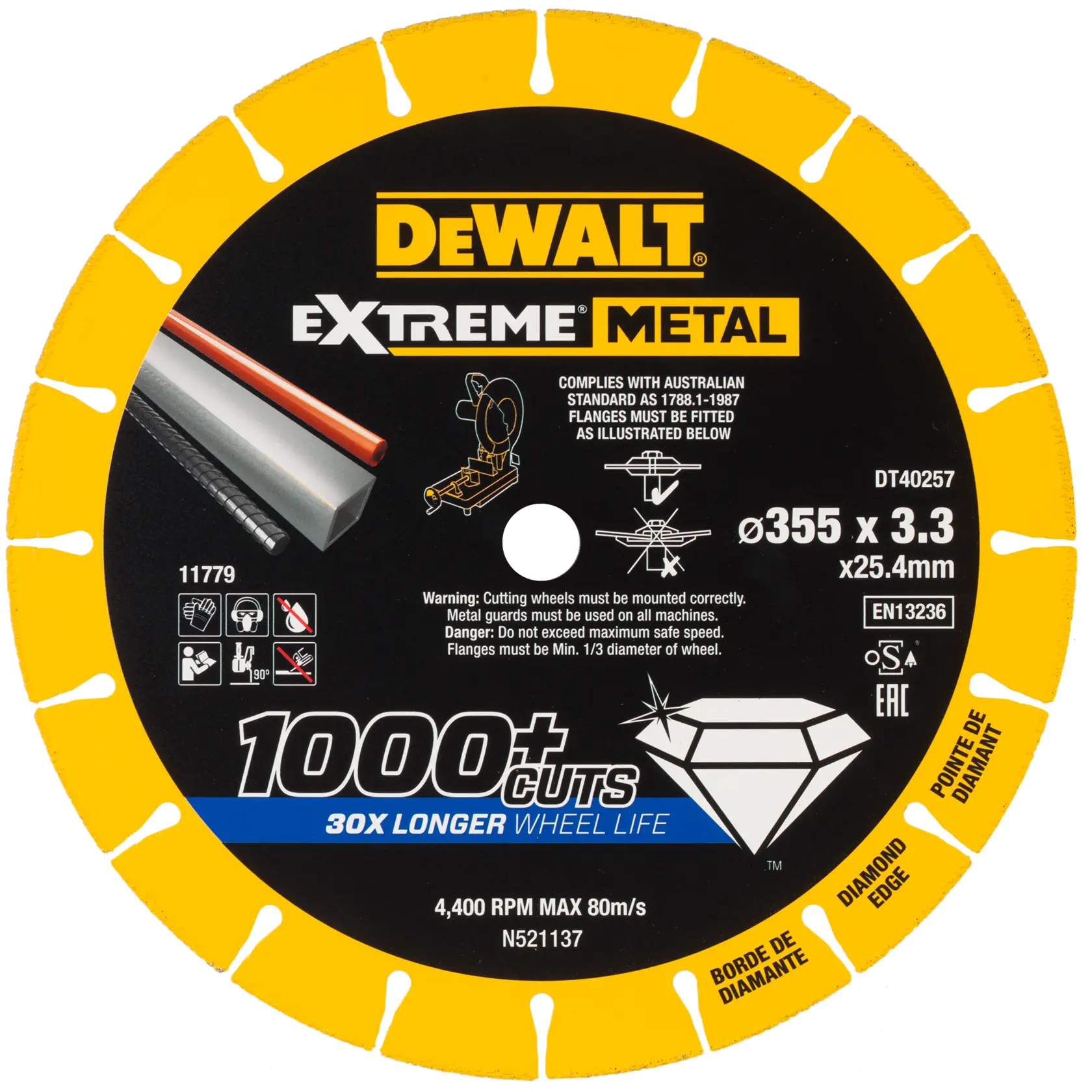Disco diamantato DEWALT Extreme Metal DT40257, 355 x 3,3 x 25,4 mm, per taglio metalli duraturo.