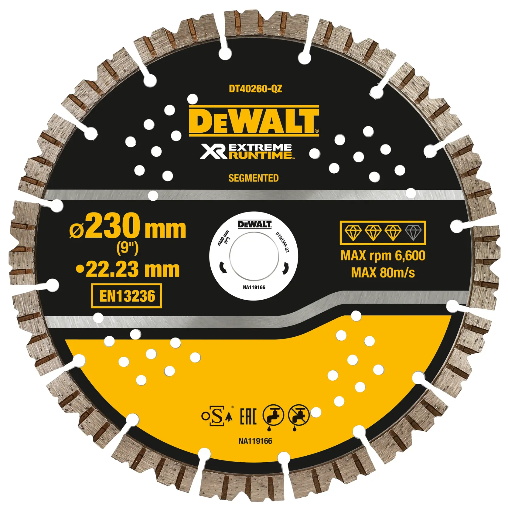 Disco diamantato segmentato DEWALT DT40260, diametro 230 mm, max 6600 rpm, design giallo-nero.