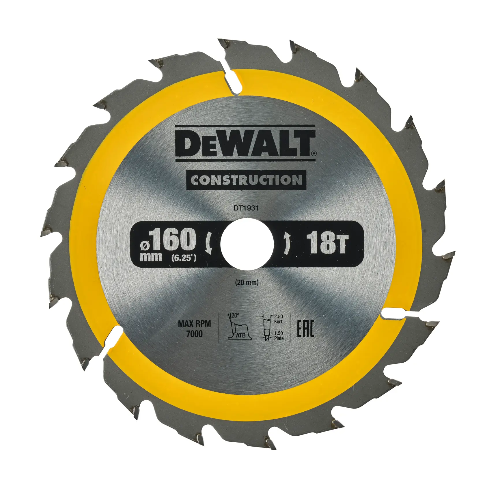Lama da taglio DEWALT, diametro 160mm, 18 denti, metallo con dettaglio giallo.