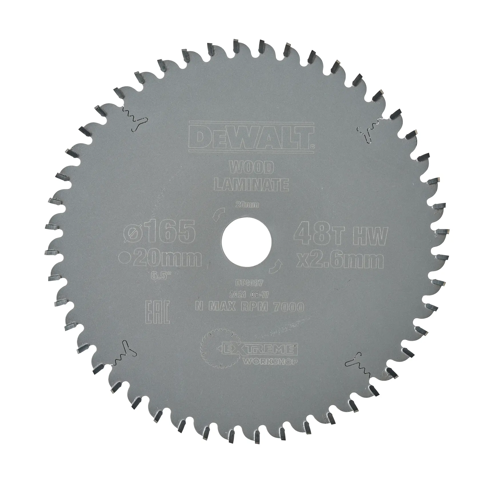 Una lama circolare DEWALT, modello DT4087, progettata per legno e laminato. La lama ha 48 denti e le specifiche includono diametro di 165 mm, foro di 20 mm e un massimo di 7000 RPM.