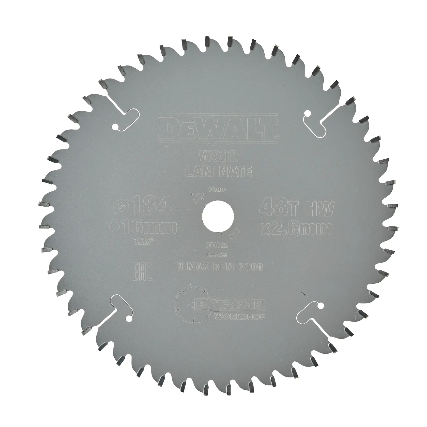 Disco DEWALT DT4092 per legno e laminato, 48 denti, diametro 184 mm, accessorio da officina.