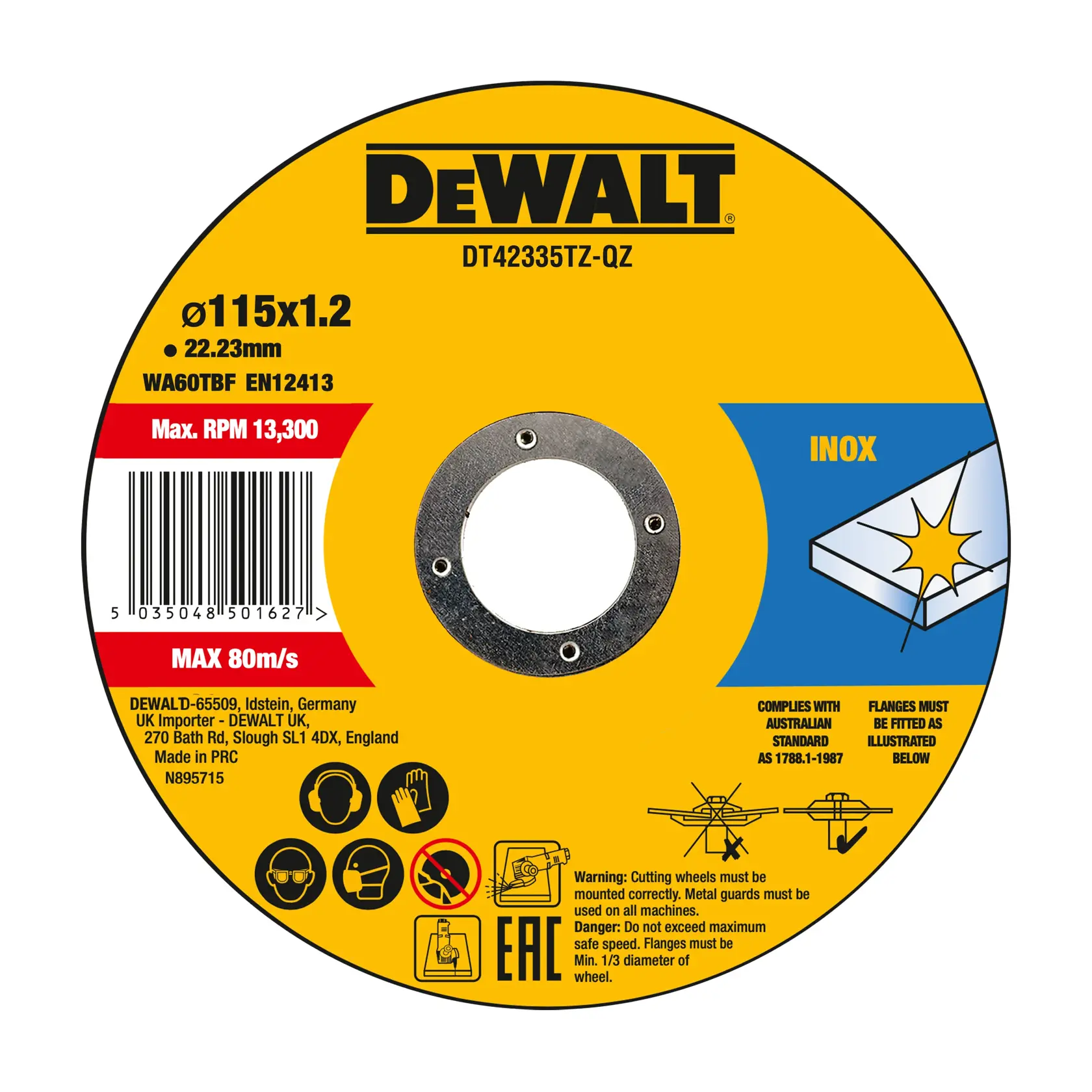 DEWALT DT42335TZ-QZ disco da taglio per metallo, 115x1.2mm, etichetta gialla con dati tecnici e icone di sicurezza.