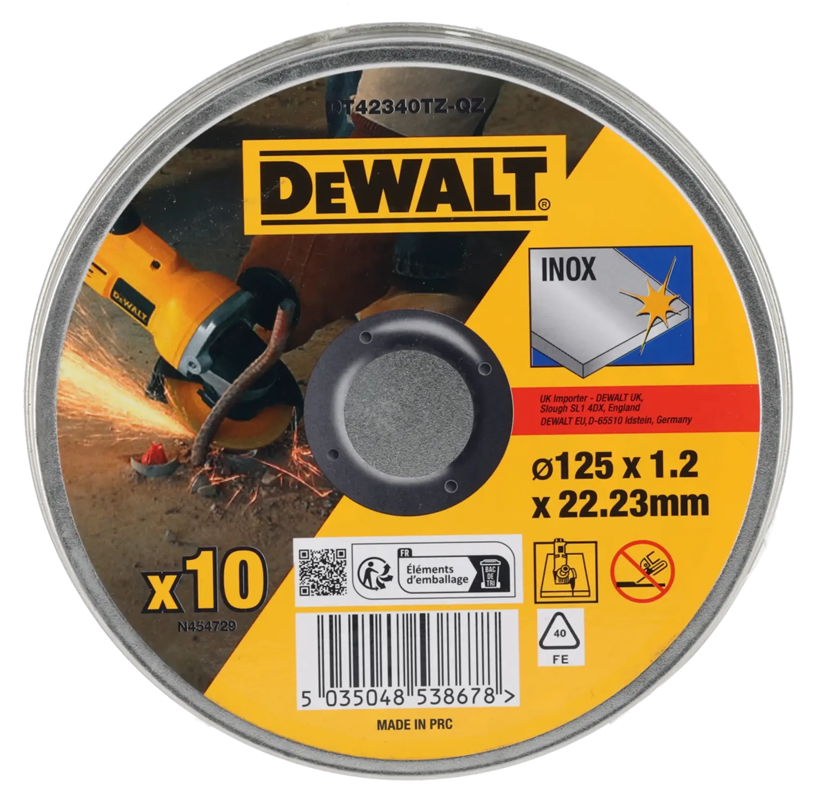 Confezione 10 dischi DEWALT DT42340TZ per inox, diametro 125mm, spessore 1,2mm, per smerigliatrici angolari.