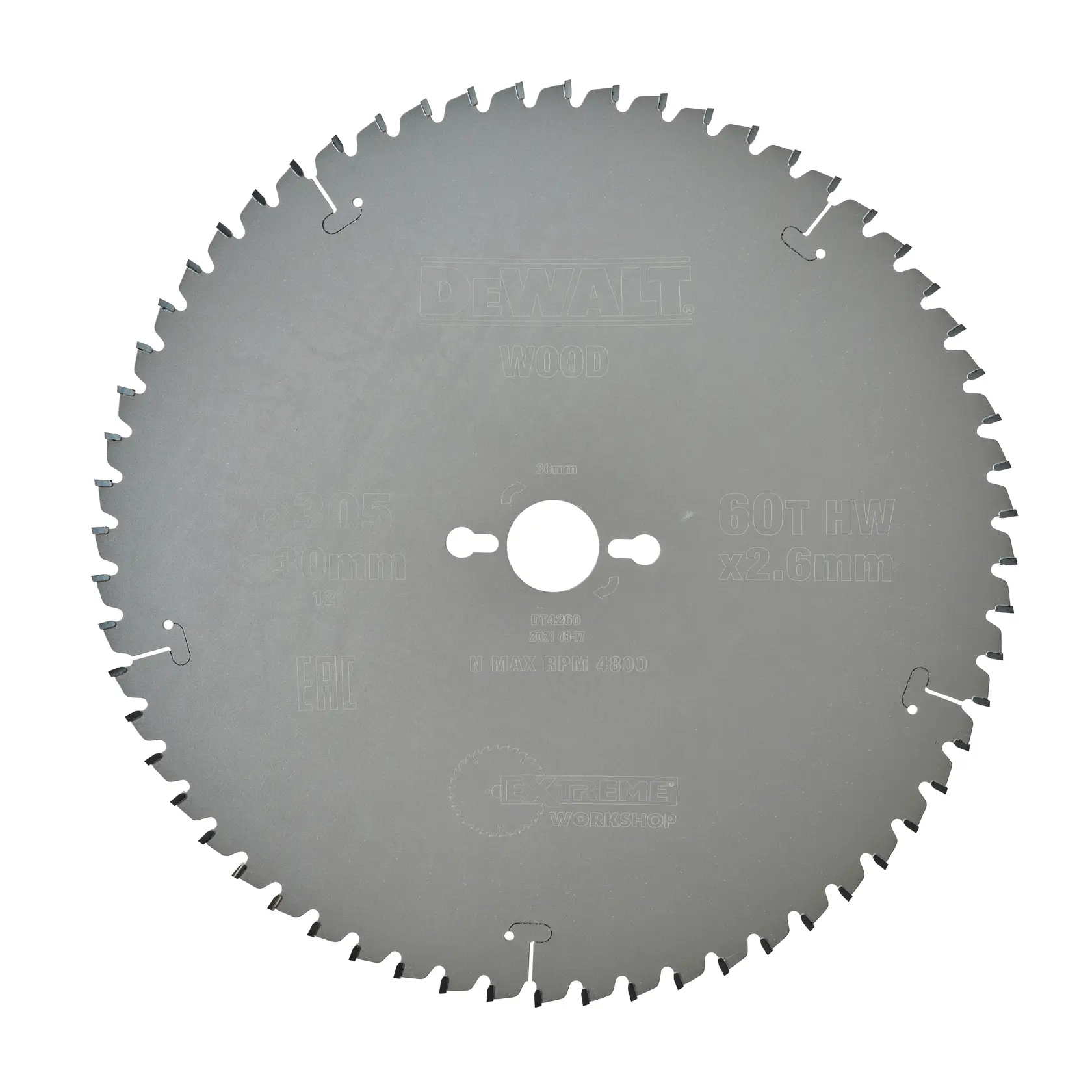 Lama circolare per legno, marca DEWALT, con 60 denti. La lama è contrassegnata con specifiche tra cui un diametro di 305 mm e uno spessore di 2,6 mm.