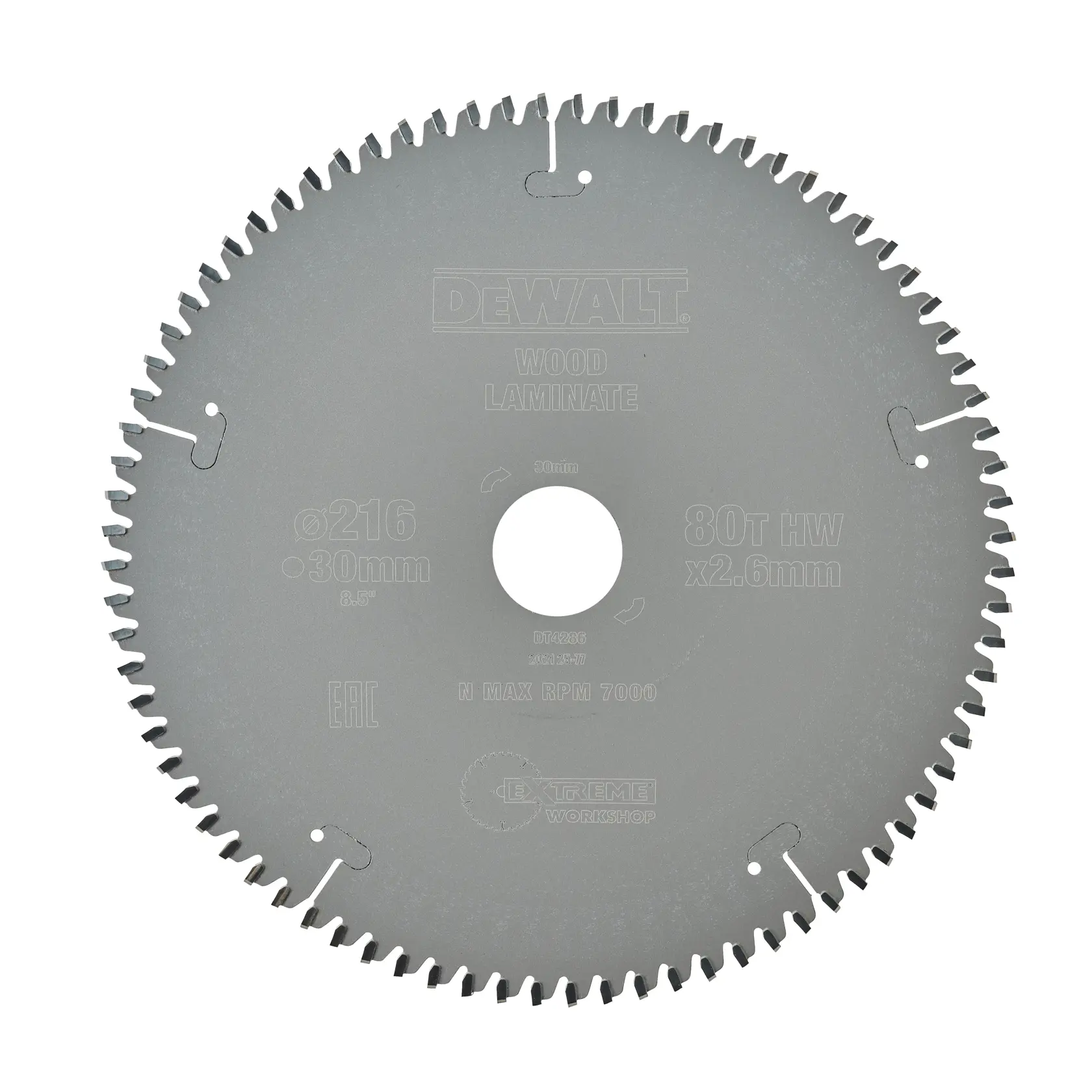 Una lama circolare DEWALT per legno e laminato, modello DT4286, con 80 denti e un diametro di 216 mm. La lama è grigia e presenta marcature tecniche dettagliate.