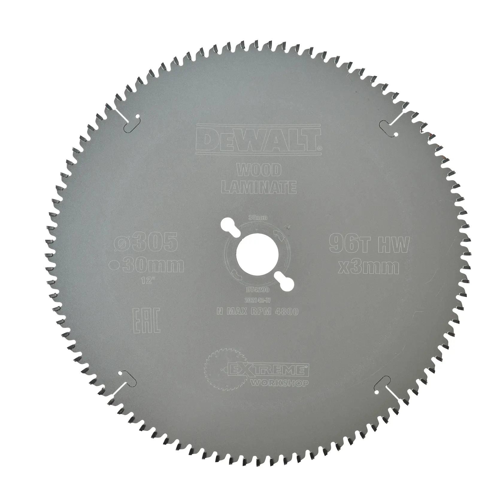Lama per sega circolare DEWALT DT4290 per legno e laminato, diametro 305mm, foro 30mm, 96 denti, materiale HW, per uso in officina.