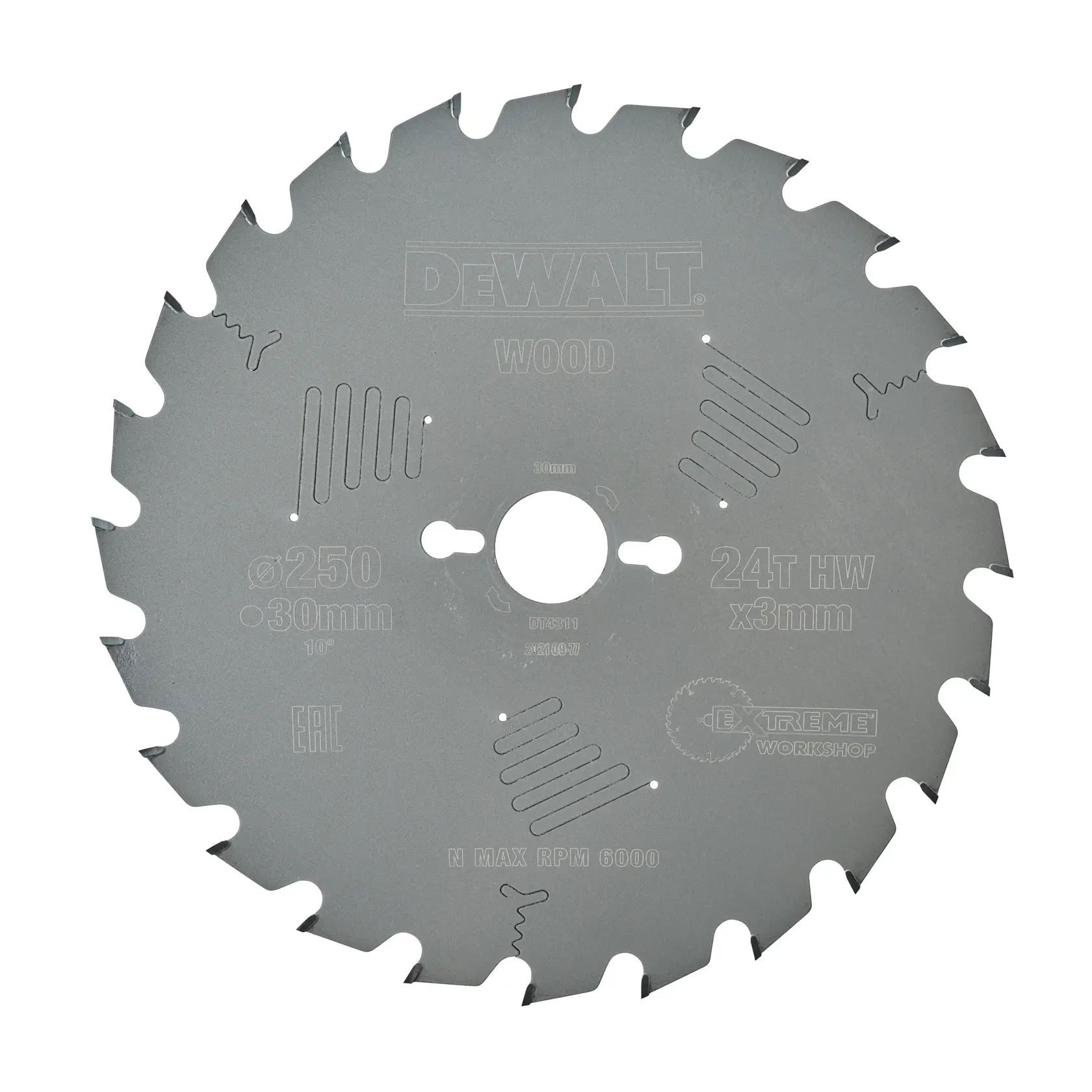Hoja de sierra circular DEWALT DT4311 para madera, 24 dientes, 250mm diámetro, 30mm agujero central.