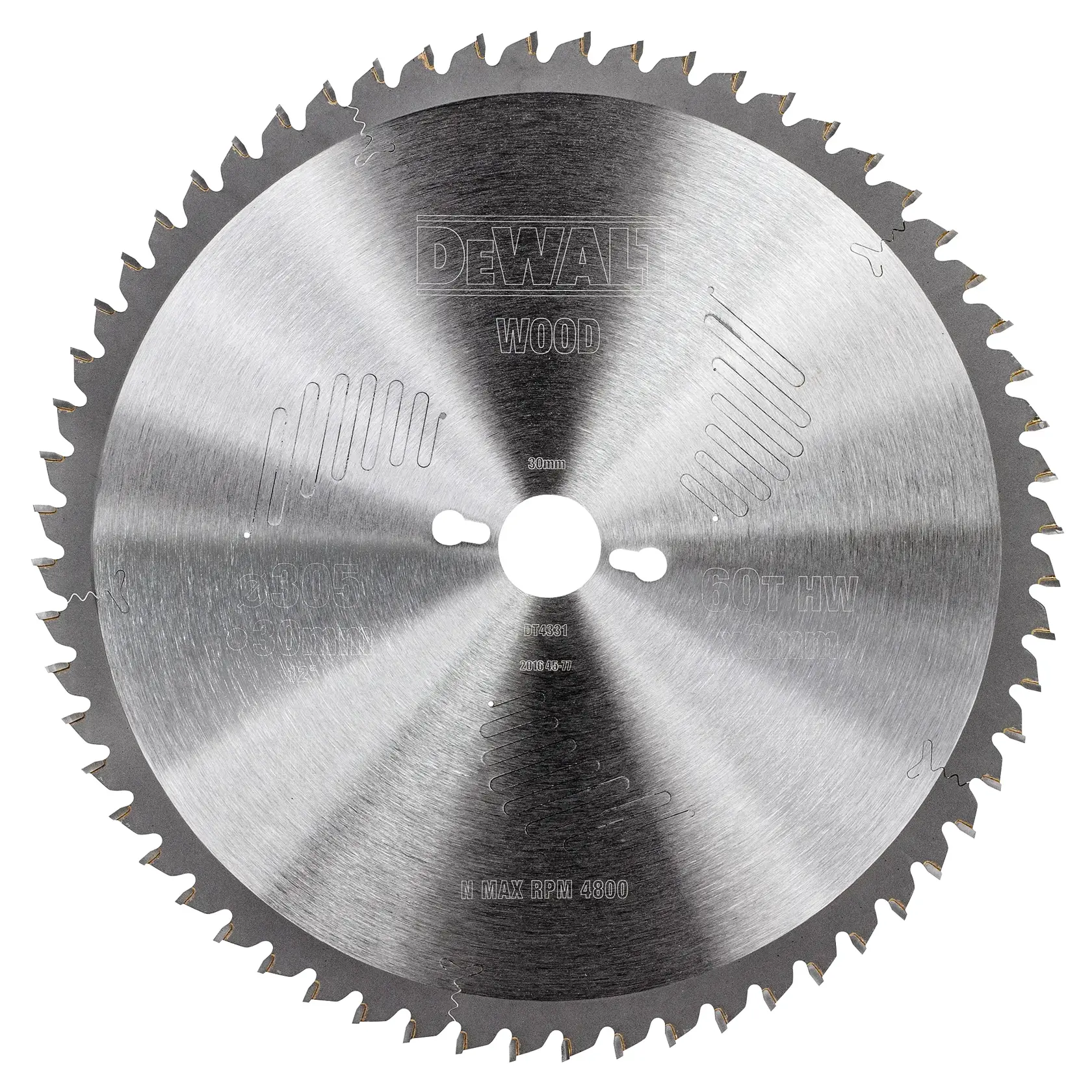Lama circolare DEWALT DT4331 per legno, finitura metallica, 60 denti, con foro centrale e fessure di espansione tagliate al laser.
