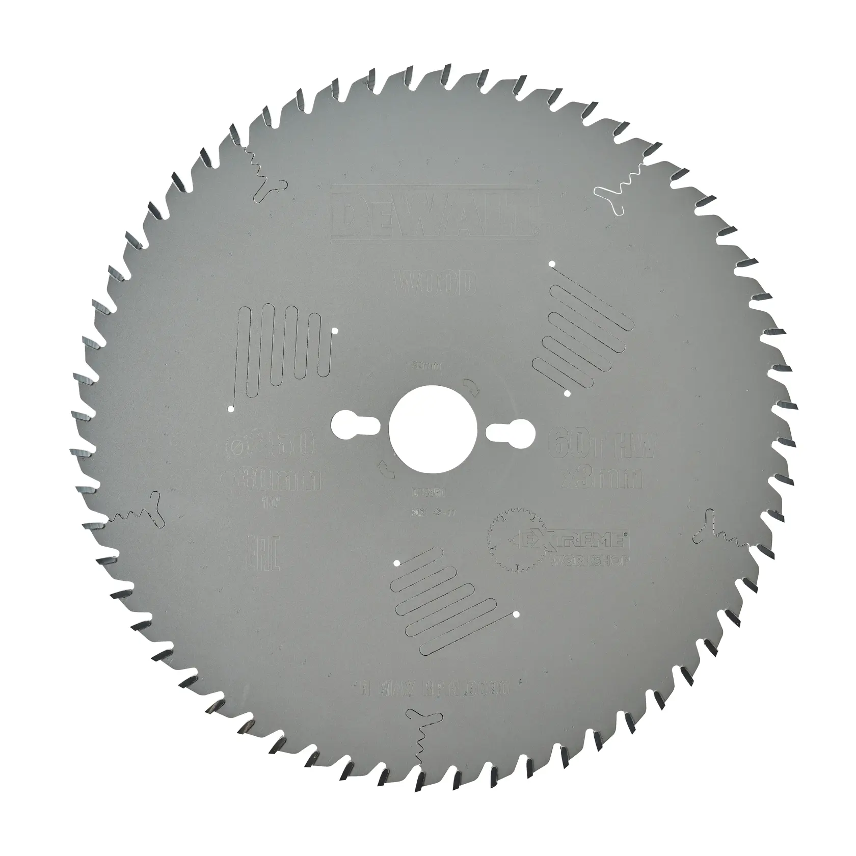 Una lama per sega circolare DEWALT di colore argento, con numerosi denti sul bordo e incisioni laser sulla superficie. La lama è progettata per tagliare il legno.