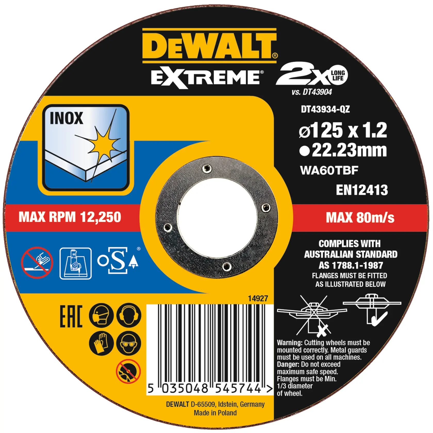 Disco da taglio DEWALT Extreme DT43934, 125mm per metallo, dettagli, icone sicurezza e codice a barre.