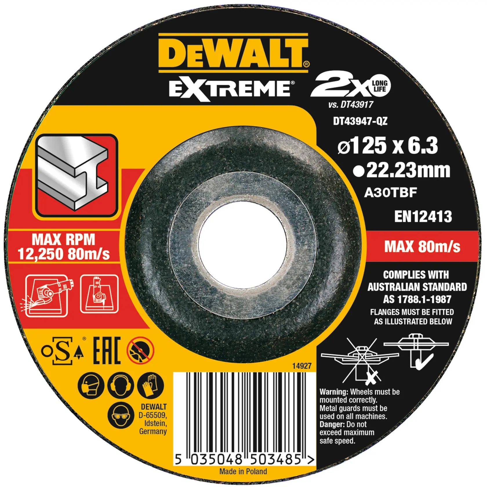 Disco abrasivo DEWALT EXTREME DT43947, diametro 125 mm, max 12.250 RPM, metallo, simboli di sicurezza.