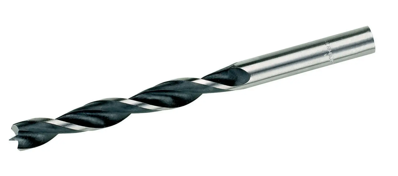 Immagine ravvicinata di una punta elicoidale per metallo DEWALT con gambo cilindrico, progettata per forare superfici metalliche. La punta è argentata con una scanalatura a spirale scura.