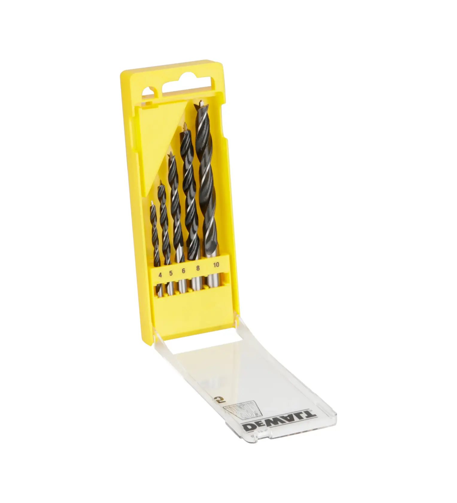 Juego de brocas DEWALT en estuche amarillo con cinco tamaños, tapa transparente abierta.
