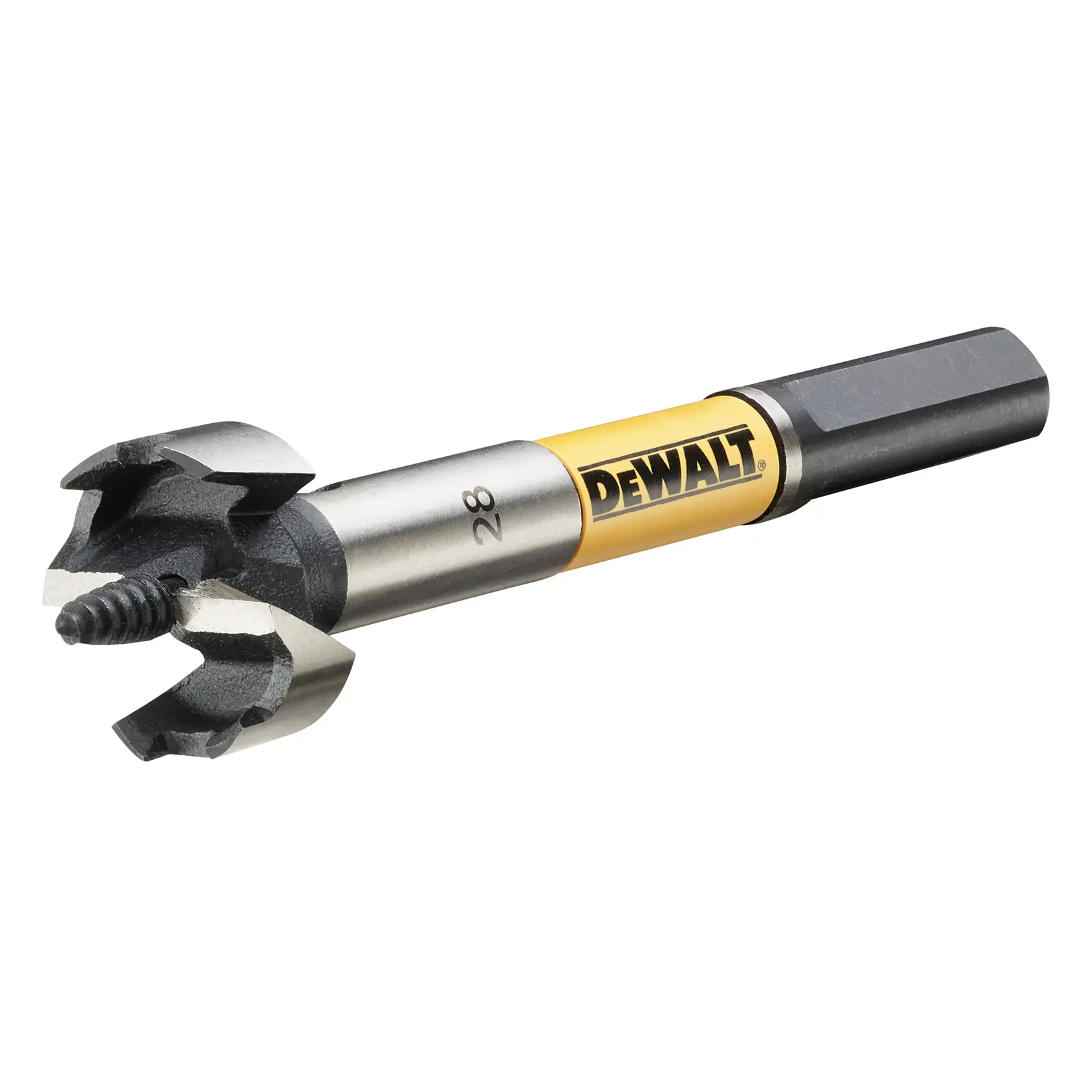 Primo piano di una punta da trapano per legno DEWALT con gambo giallo e metallico e una punta speciale per forare.
