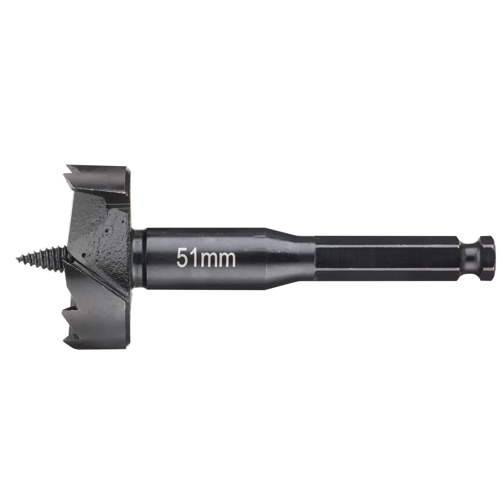 Punta per legno DEWALT da 51 mm con punta centrale filettata e taglienti, progettata per realizzare fori grandi nel legno.