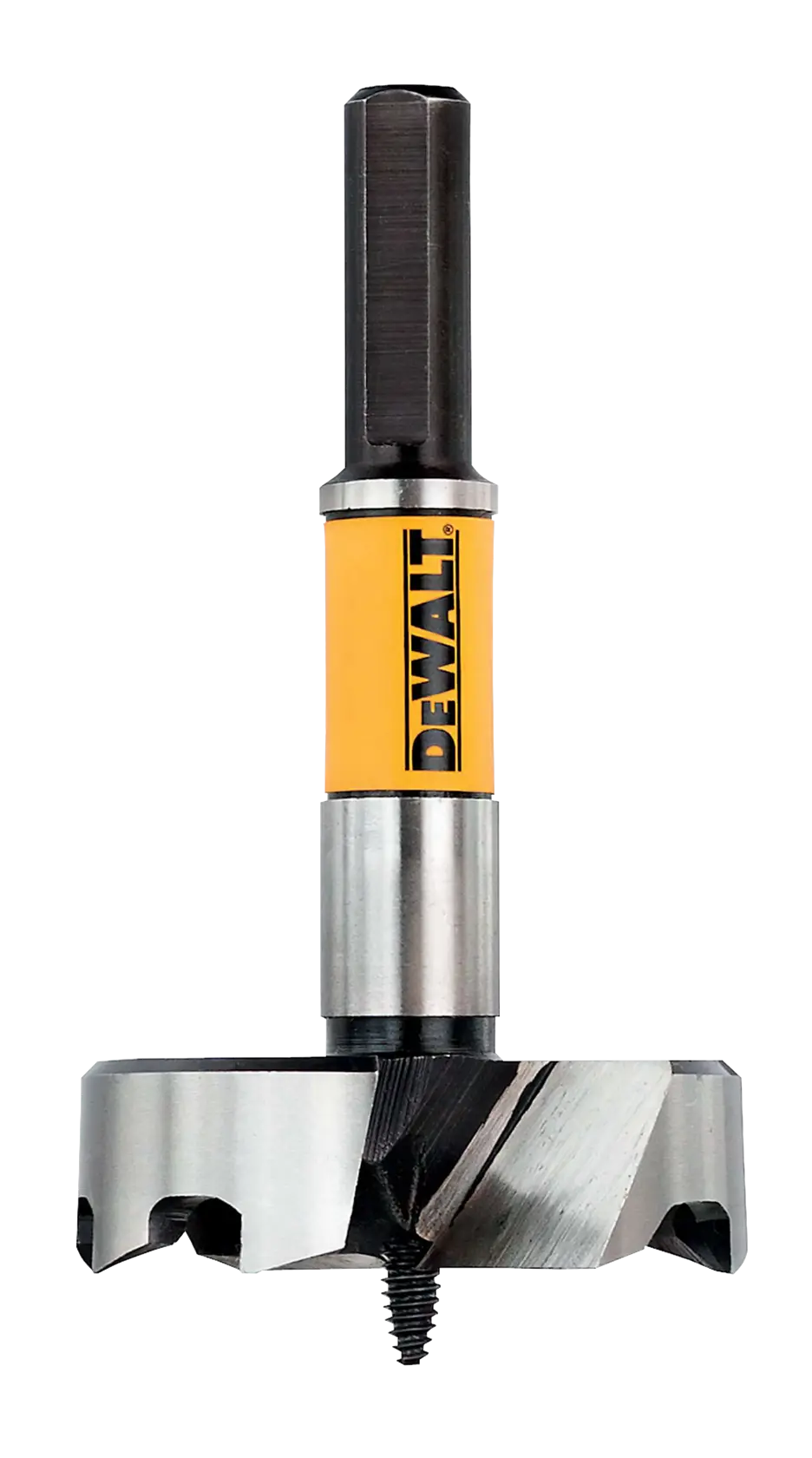 Punta per legno DEWALT DT4586 con etichetta gialla e lame affilate, ideale per lavorazione del legno.