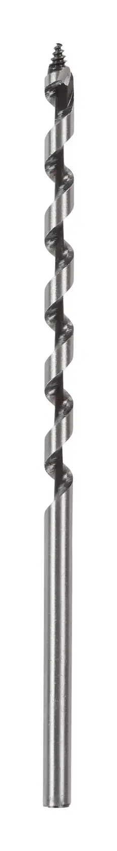 Una singola punta da trapano a spirale in metallo mostrata verticalmente su uno sfondo bianco.