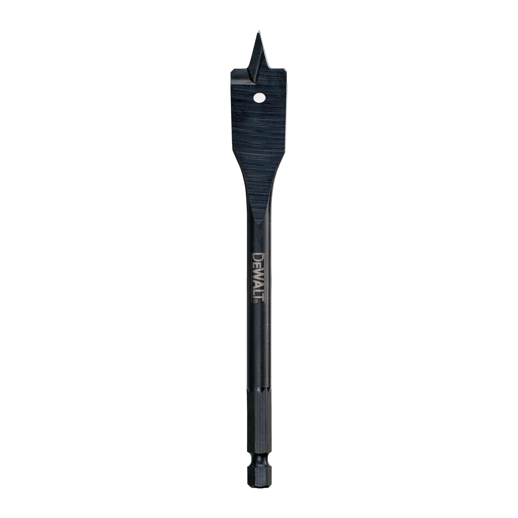 Una punta piatta per legno DEWALT con gambo esagonale, progettata per forare il legno. La punta è nera e ha una punta appuntita con bordi affilati per un taglio efficiente.