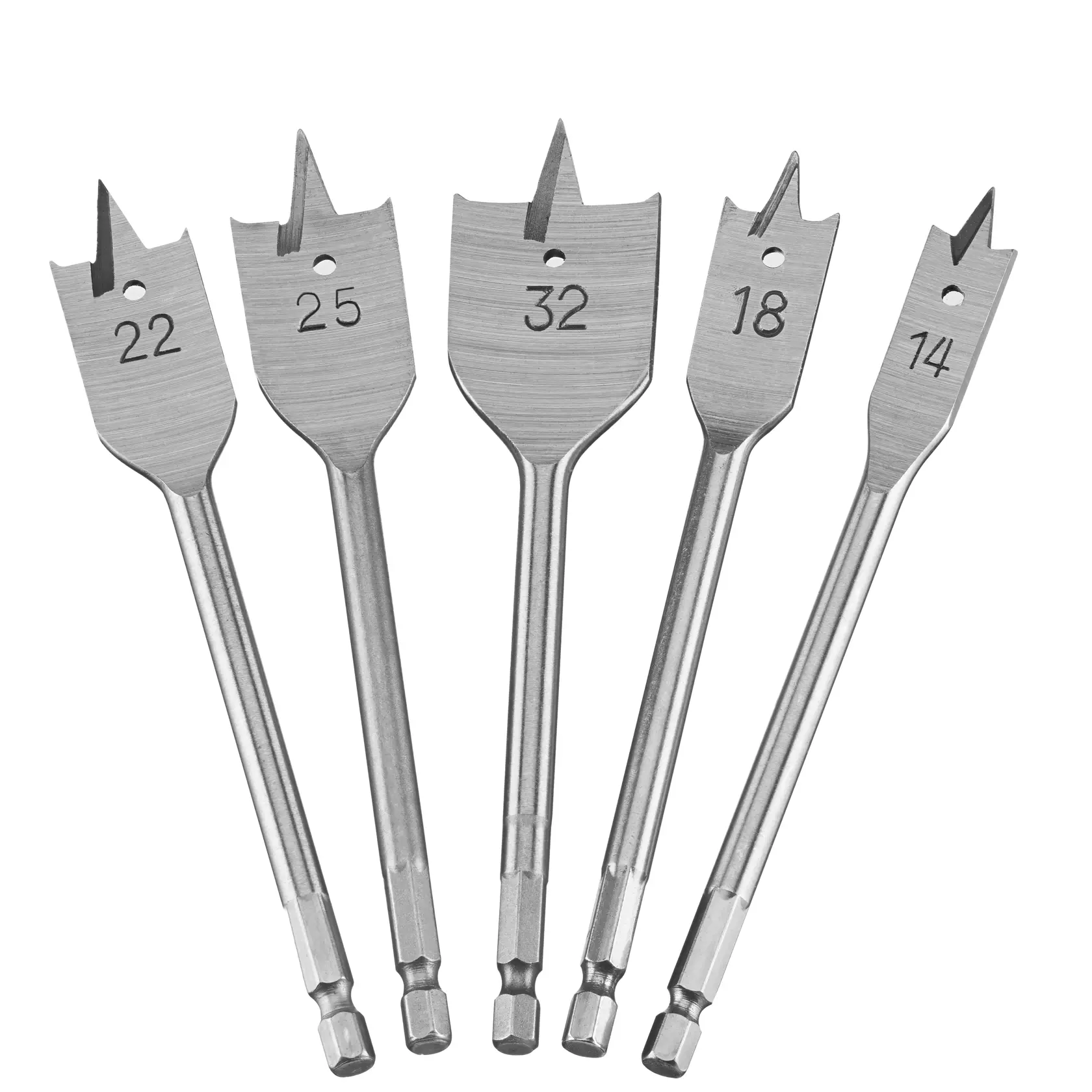 Cinque punte piatte DEWALT per legno di diverse misure su sfondo bianco.