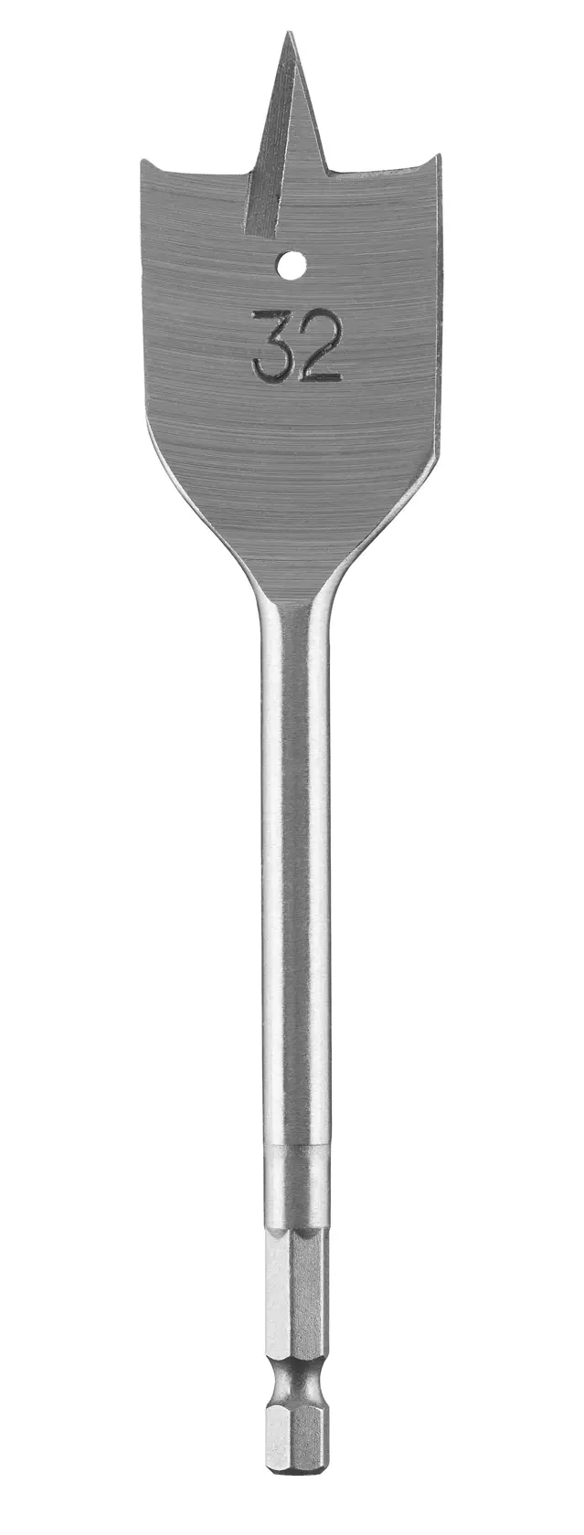 Punta piatta per legno DEWALT da 32 mm, argento, attacco esagonale, per forare il legno.