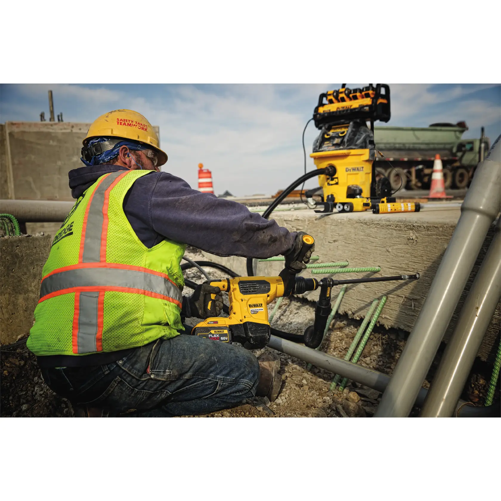 Graphic showing DEWALT XTREME Sub-Compact Series branding with the slogan 'Compact and Performance Packed' on a yellow background.