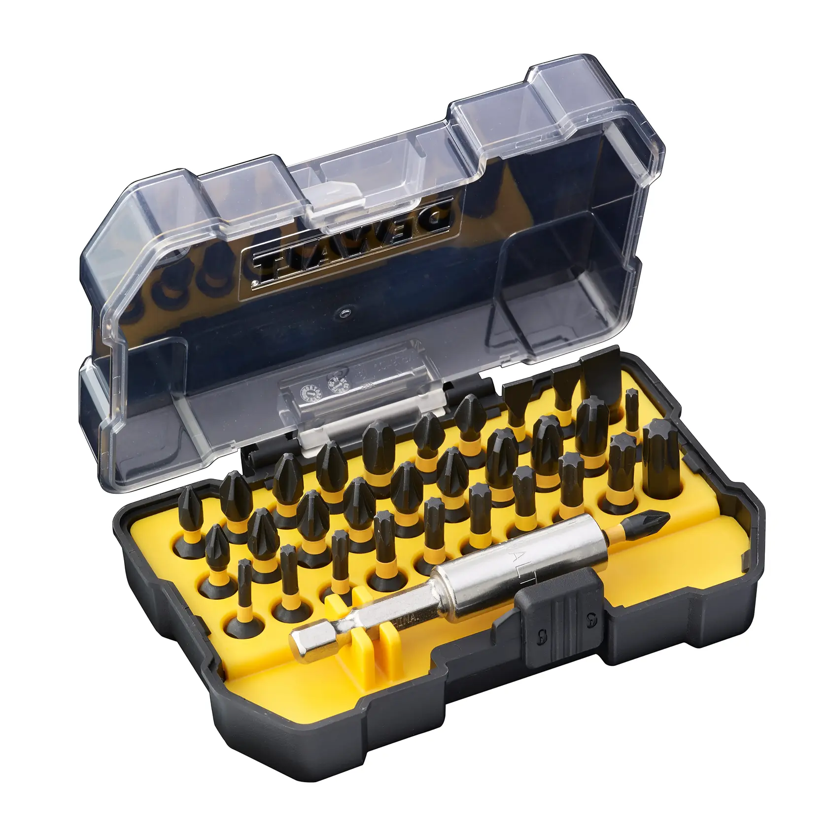 Logo DEWALT centrato su sfondo bianco.