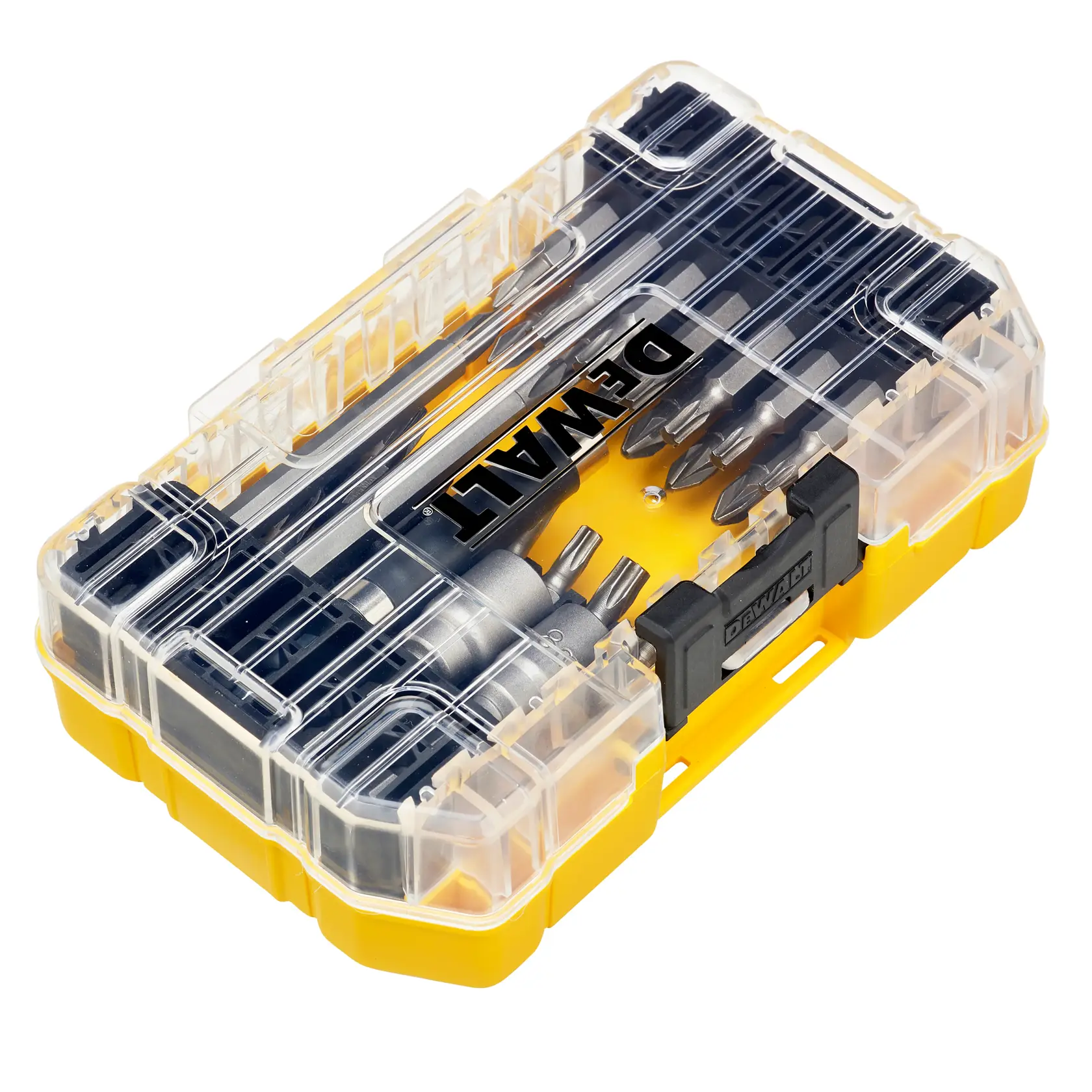 Set di punte DEWALT DT70702 in custodia gialla e trasparente con vari inserti visibili.