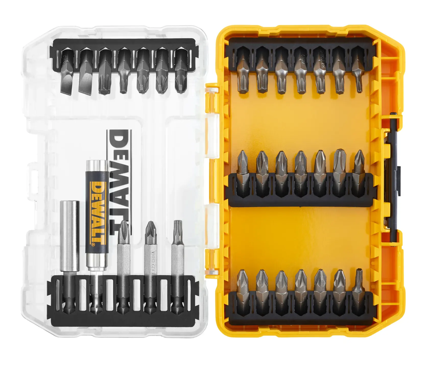 Set DEWALT DT70709 con diverse punte per cacciavite in custodia gialla e trasparente, organizzate in file.