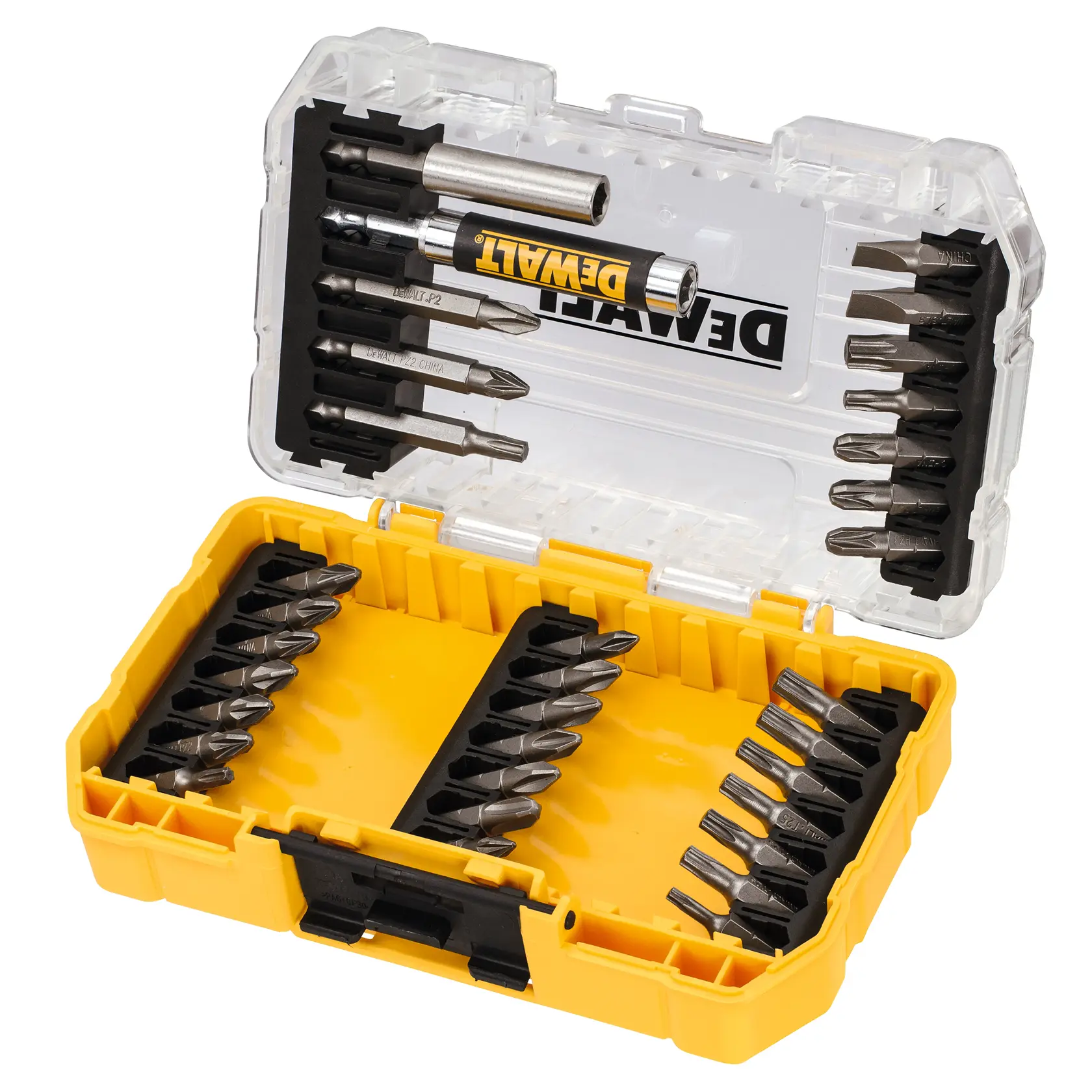 Custodia DEWALT gialla e trasparente con bit e accessori per avvitatore ben organizzati all’interno.