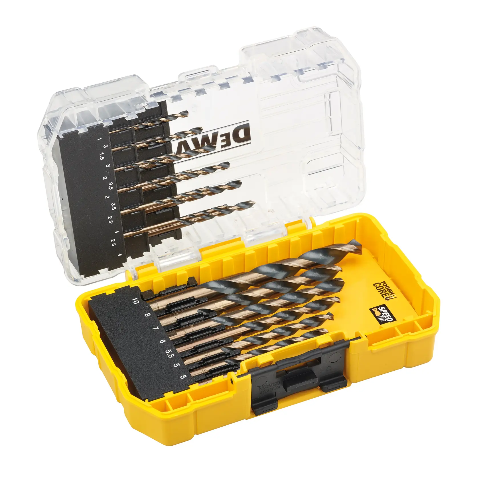Set di punte DEWALT in custodia gialla con coperchio trasparente. Punte di varie misure ordinate.