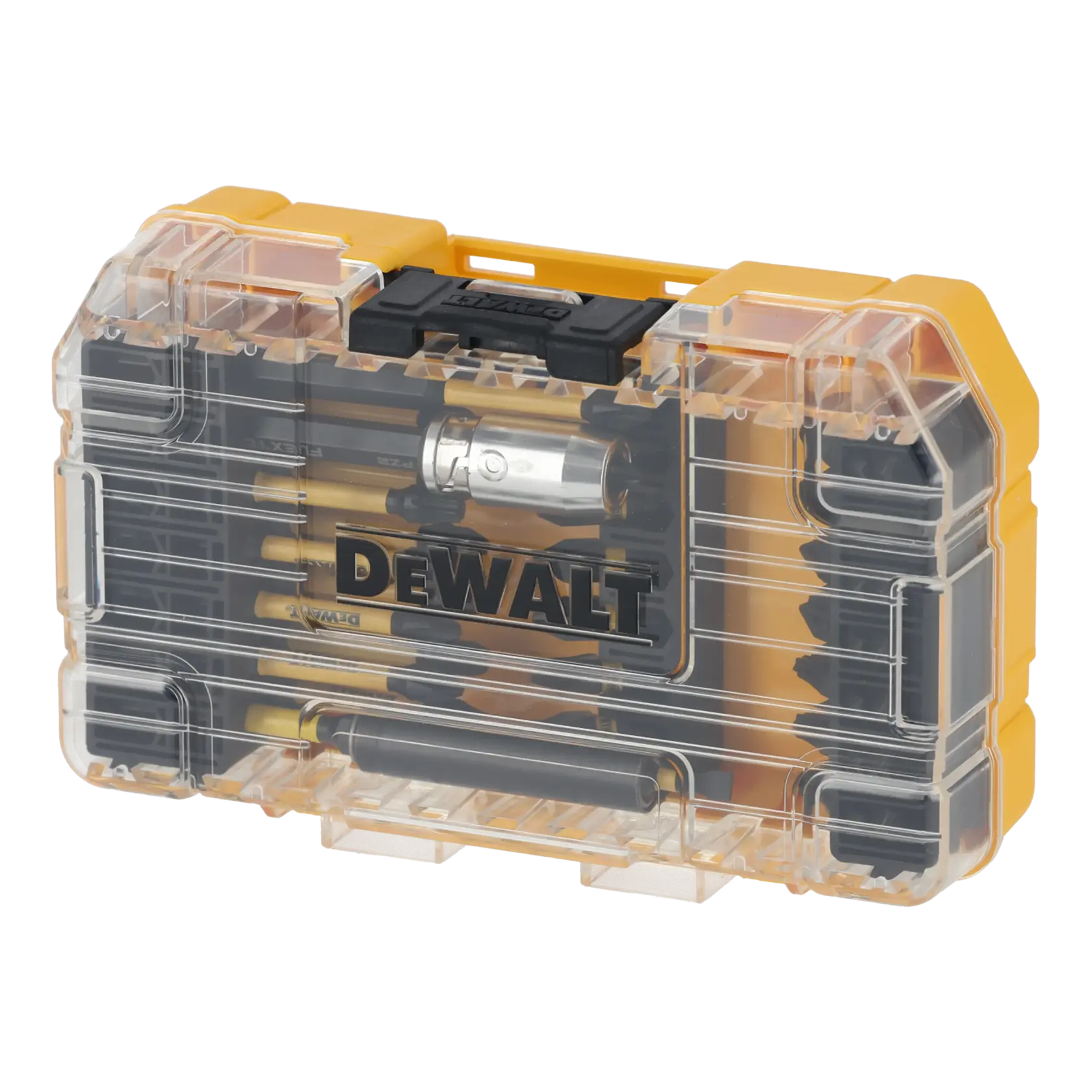 Set DEWALT DT70731T con bit da avvitatore in scatola di plastica trasparente gialla.