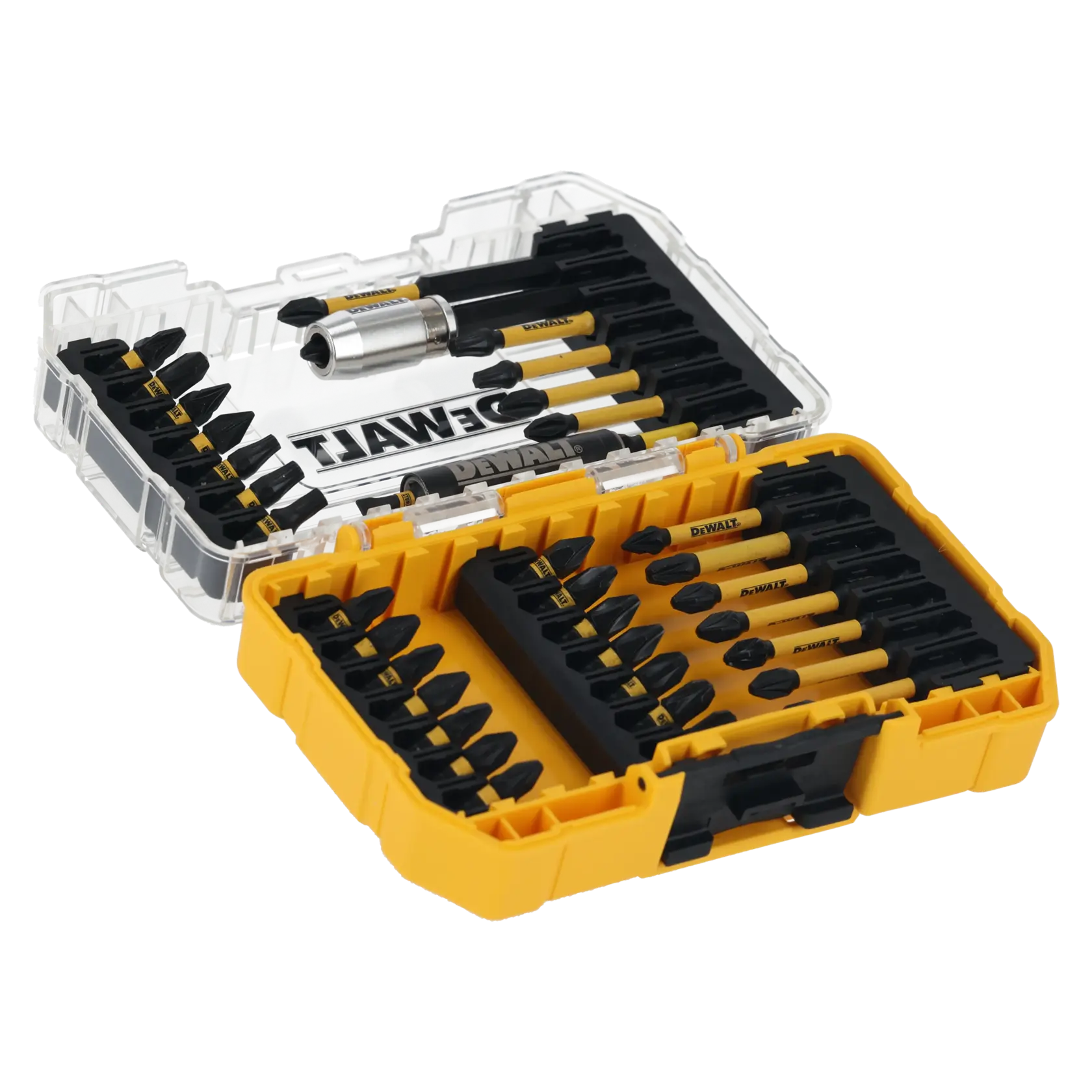 Graphique montrant la marque DEWALT XTREME Sub-Compact Series avec le slogan 'Compact et performance garantie' sur un fond jaune.