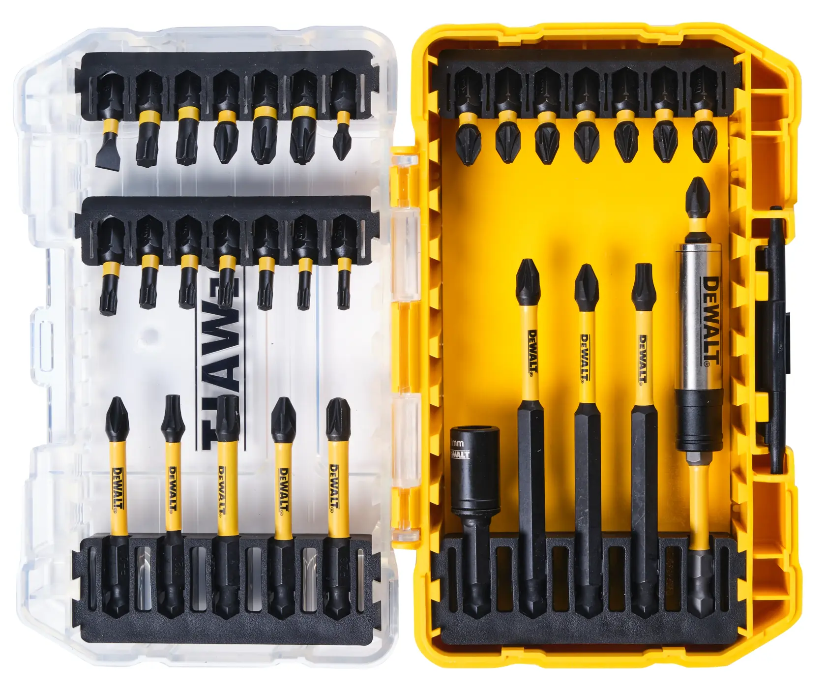 Set punte e bit DEWALT DT70743T in custodia gialla trasparente, 31 pezzi ben organizzati.