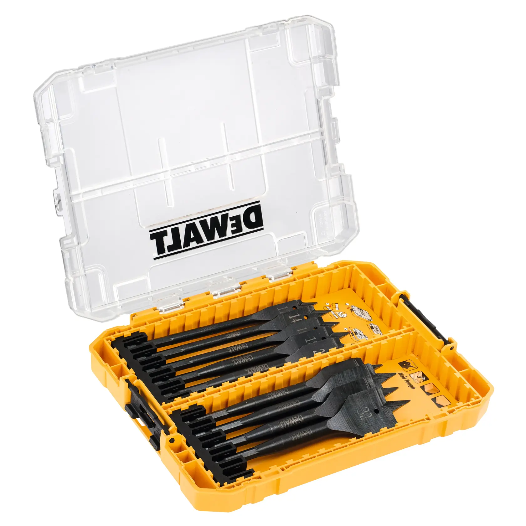 Custodia gialla DEWALT con punte da trapano nere sistemate, coperchio trasparente parzialmente aperto.