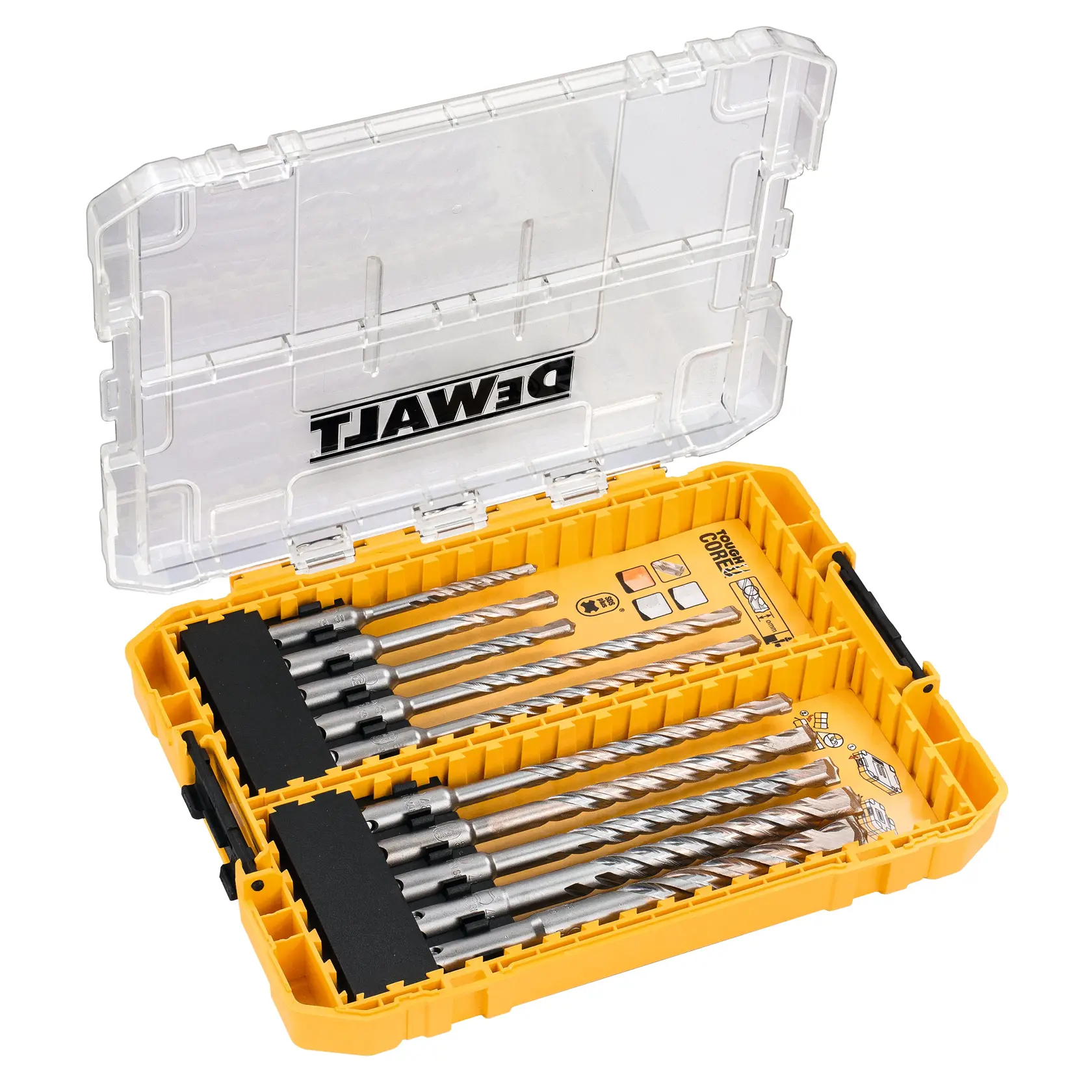 Set di punte DEWALT giallo in custodia trasparente, con più punte in metallo per varie lavorazioni.