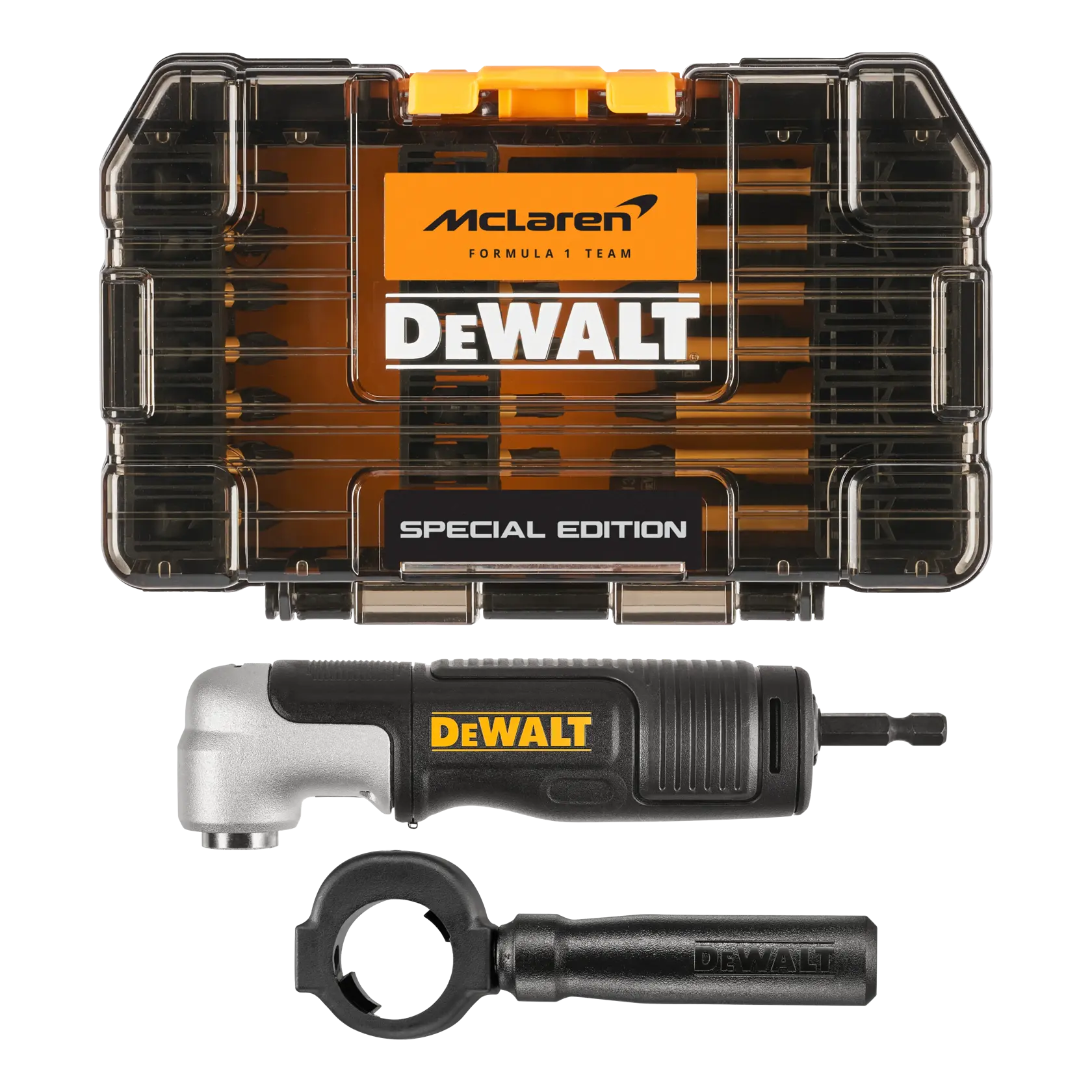 Un set di attrezzi edizione speciale DEWALT in collaborazione con il team McLaren di Formula 1. Il set include una valigetta per attrezzi trasparente nero e arancione con i marchi DEWALT e McLaren, un adattatore per trapano angolato e una maniglia nera staccabile.