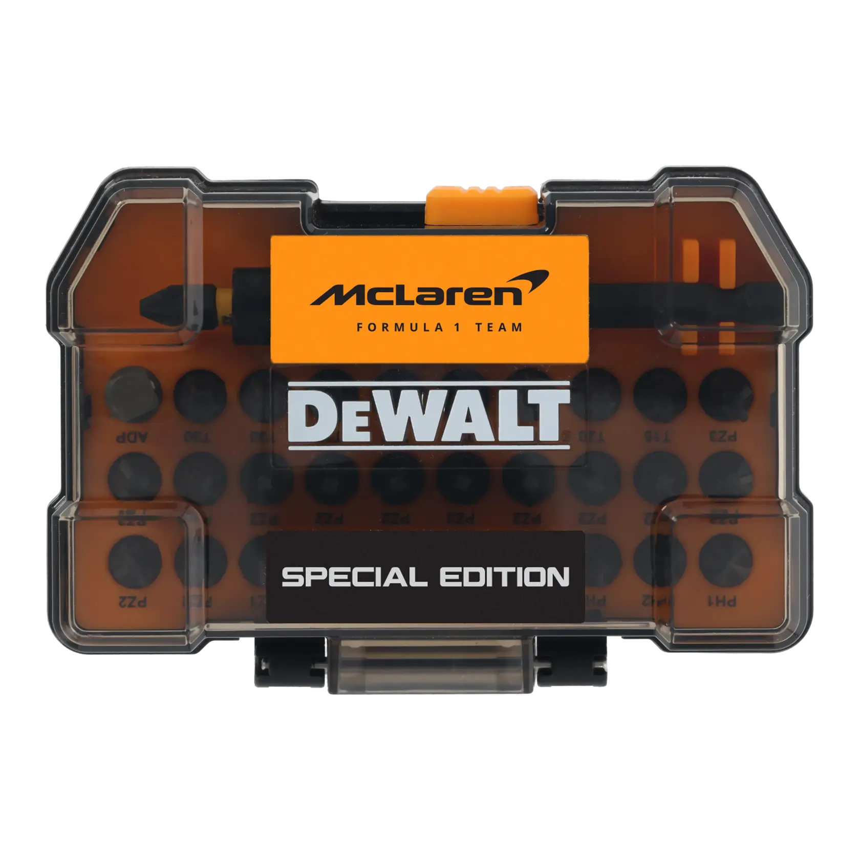 Una confezione di inserti DEWALT edizione speciale con coperchio trasparente, caratterizzata dal marchio arancione McLaren Formula 1 Team. La scatola contiene vari inserti per cacciavite disposti ordinatamente all'interno.