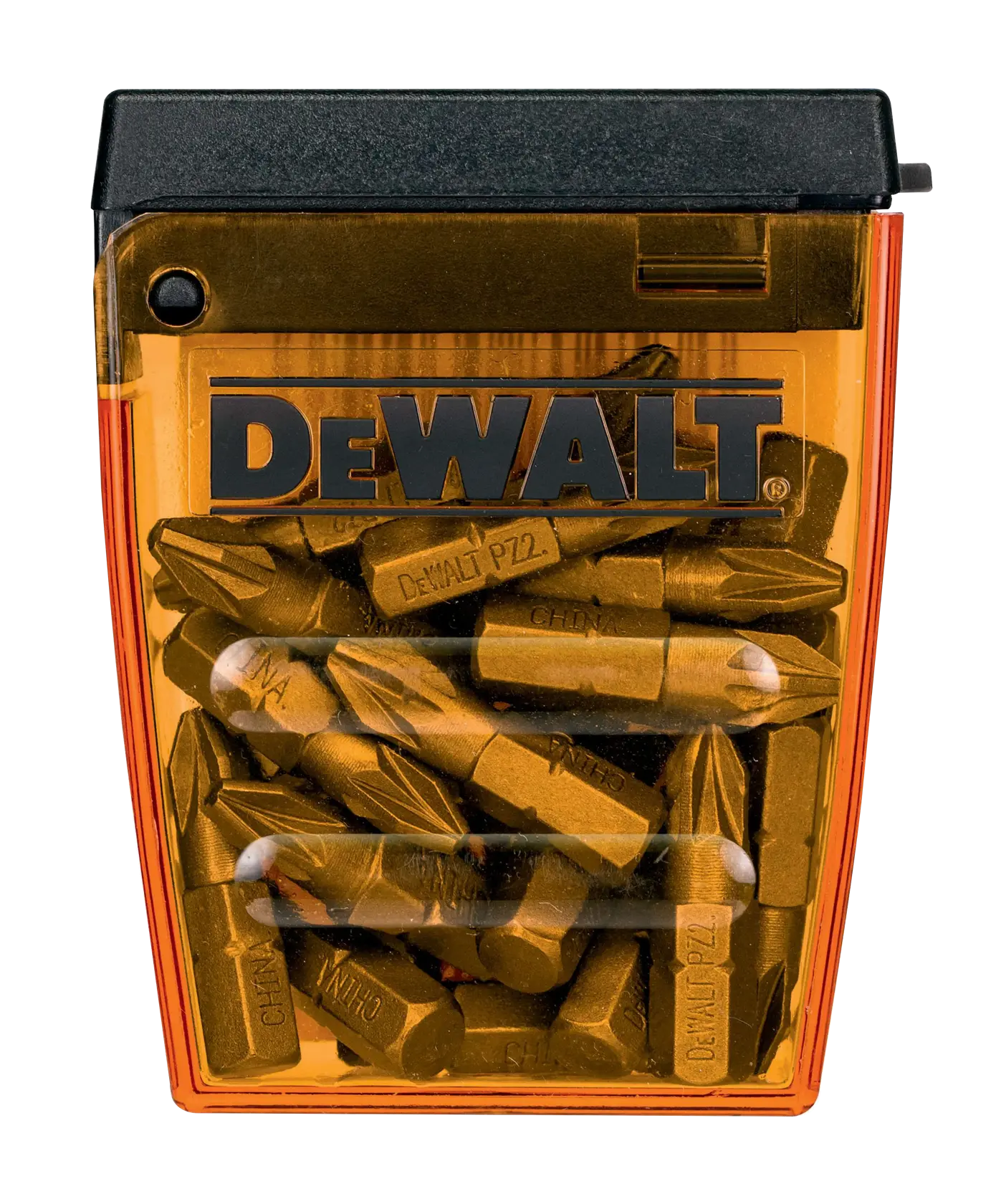 Set di inserti per cacciavite DEWALT in custodia arancione e nera trasparente.