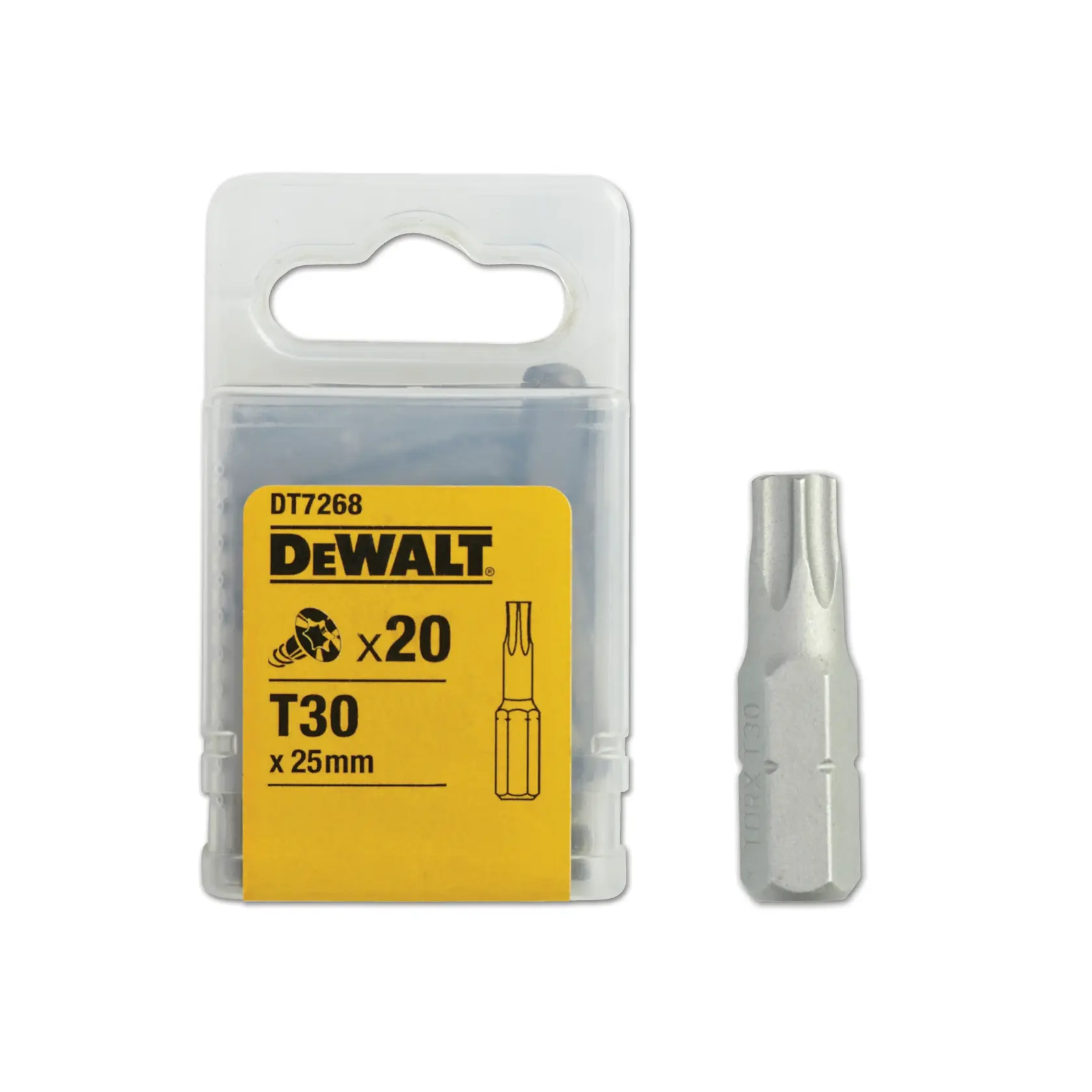 DEWALT DT7268, confezione da 20 inserti Torx T30 da 25mm, uno visibile fuori dalla confezione.