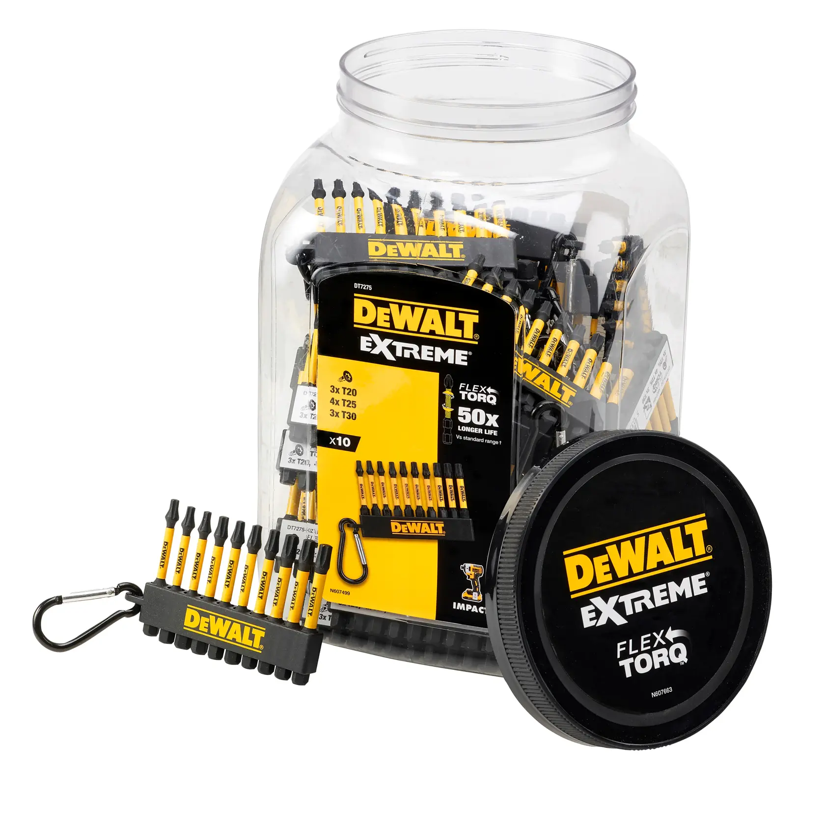 Set DEWALT DT7275 Extreme FLEXTORQ di bit in barattolo con portachiavi.