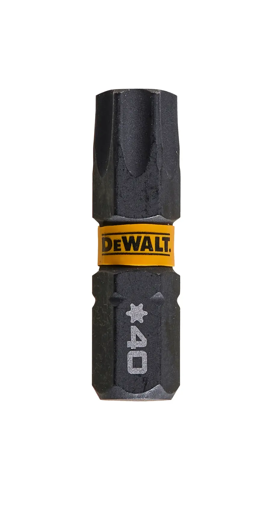 Bit Torx T40 DEWALT DT7373 con anello giallo, mostrato su sfondo bianco.